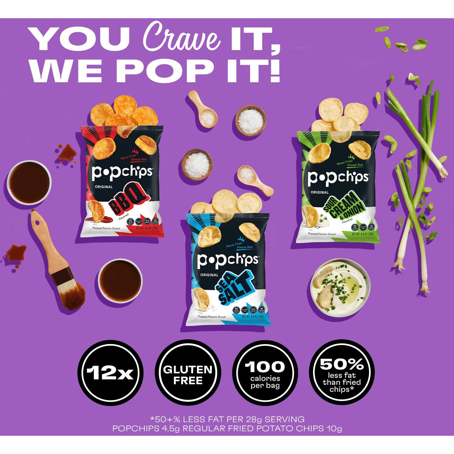 Popchips Potato Chips Variety Pack Single Serve Bags, 3 Flavors 12 Sea Salt, 12 Bbq, 6 Sour Cream & Onion, 0.8 Oz Bags Each, Pack Of 30,Red,F-Ar-94005