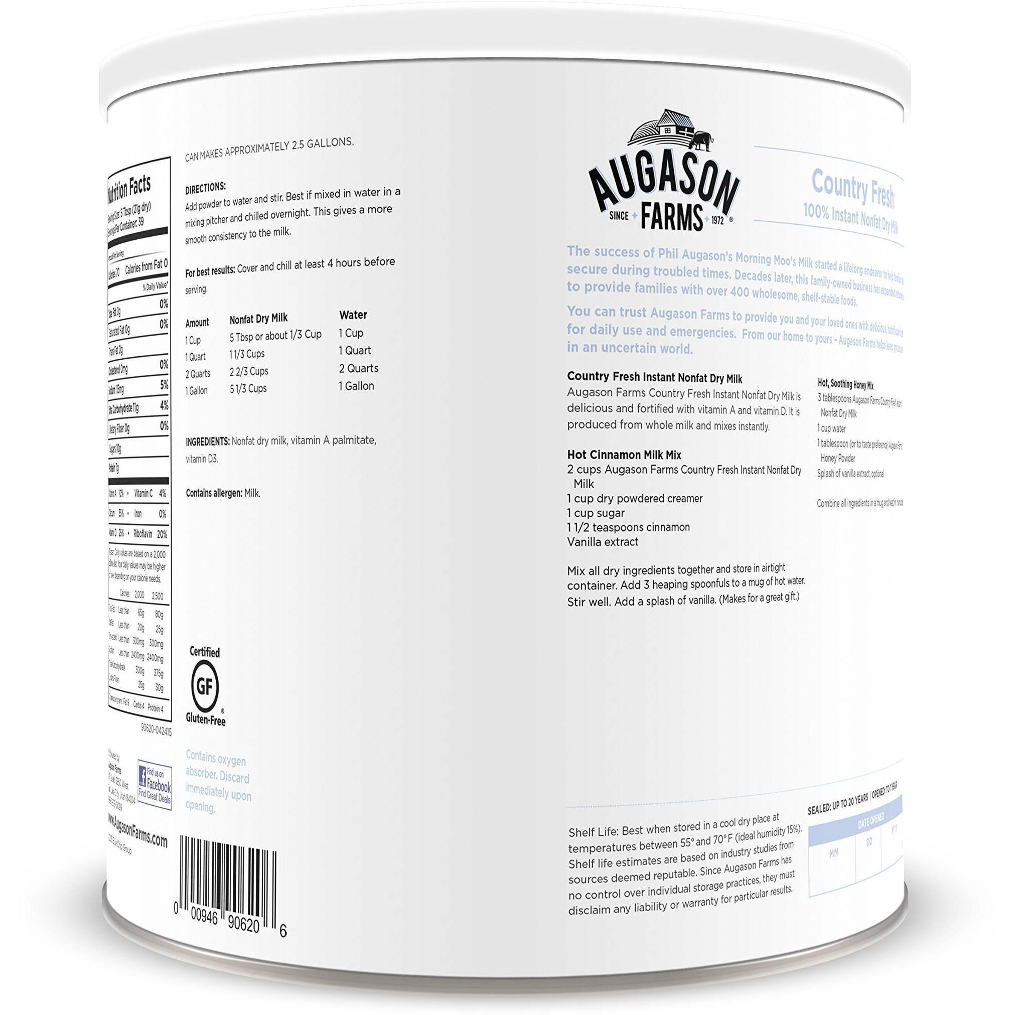 Augason Farms 5-90620 Country Fresh 100% Real Instant Nonfat Dry Milk, 1 Lb, 13 Oz.