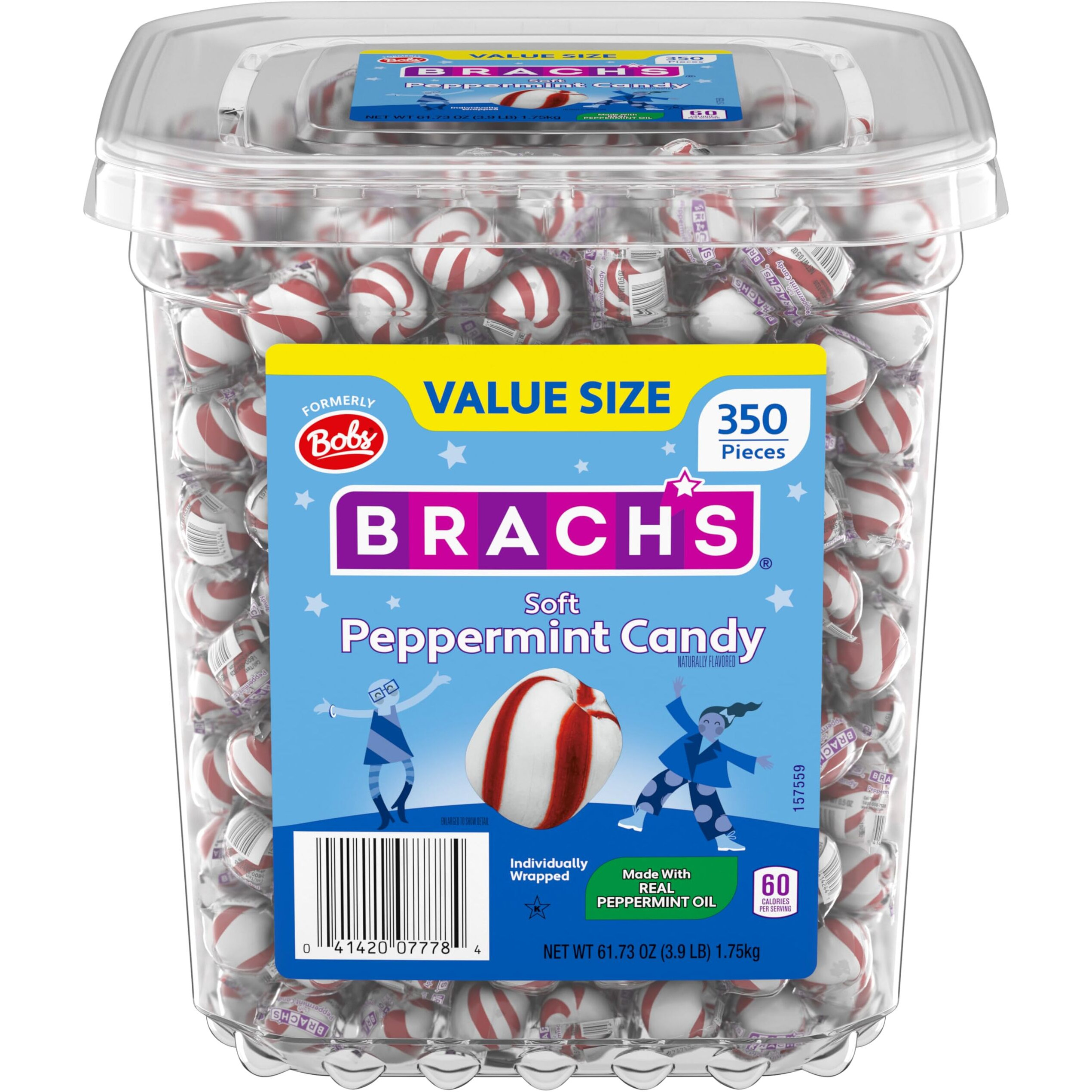 Brach's Bobs Sweet Stripes Soft Peppermint Candy, Individually Wrapped Pieces, 3.9 Lb Tub (350 Count)