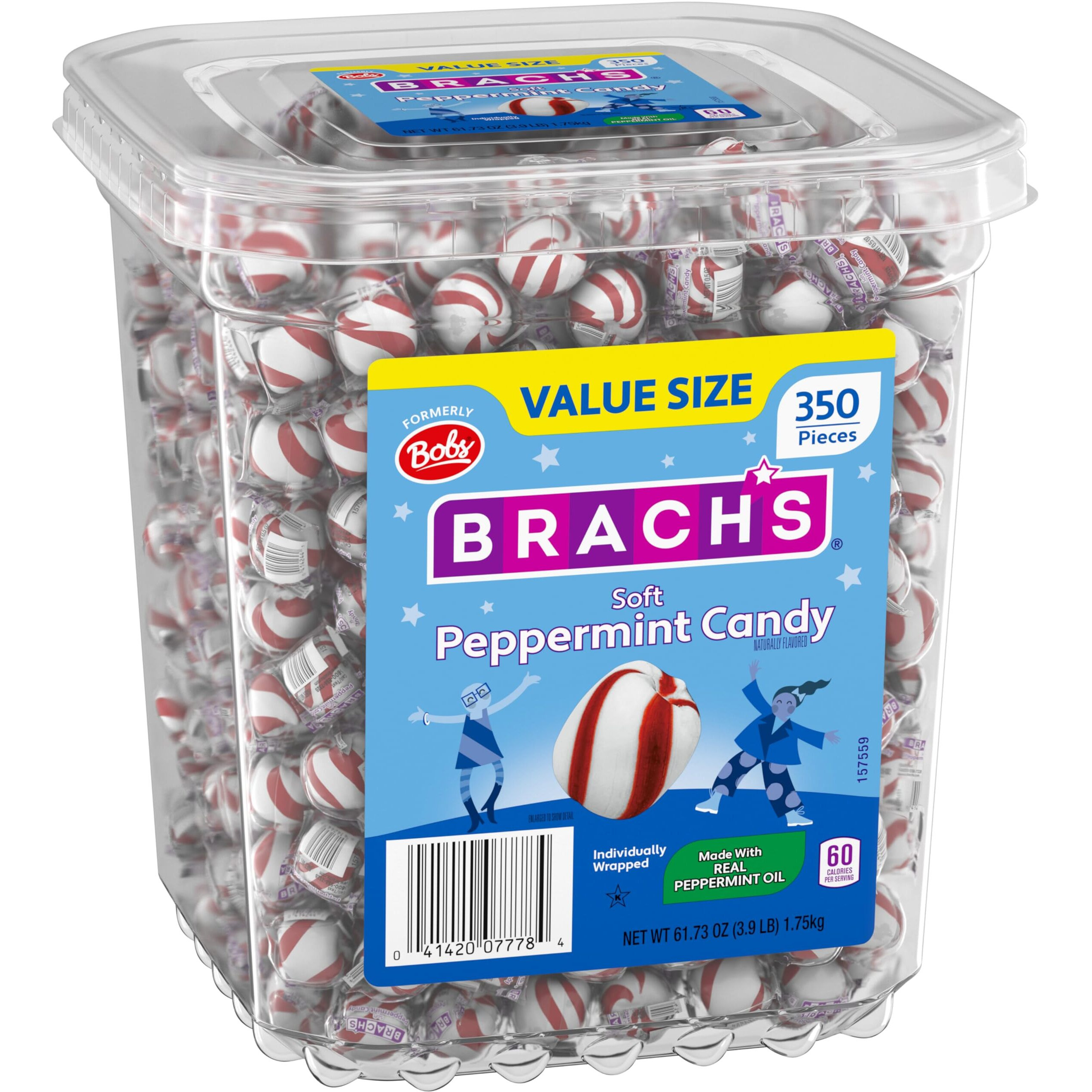 Brach's Bobs Sweet Stripes Soft Peppermint Candy, Individually Wrapped Pieces, 3.9 Lb Tub (350 Count)