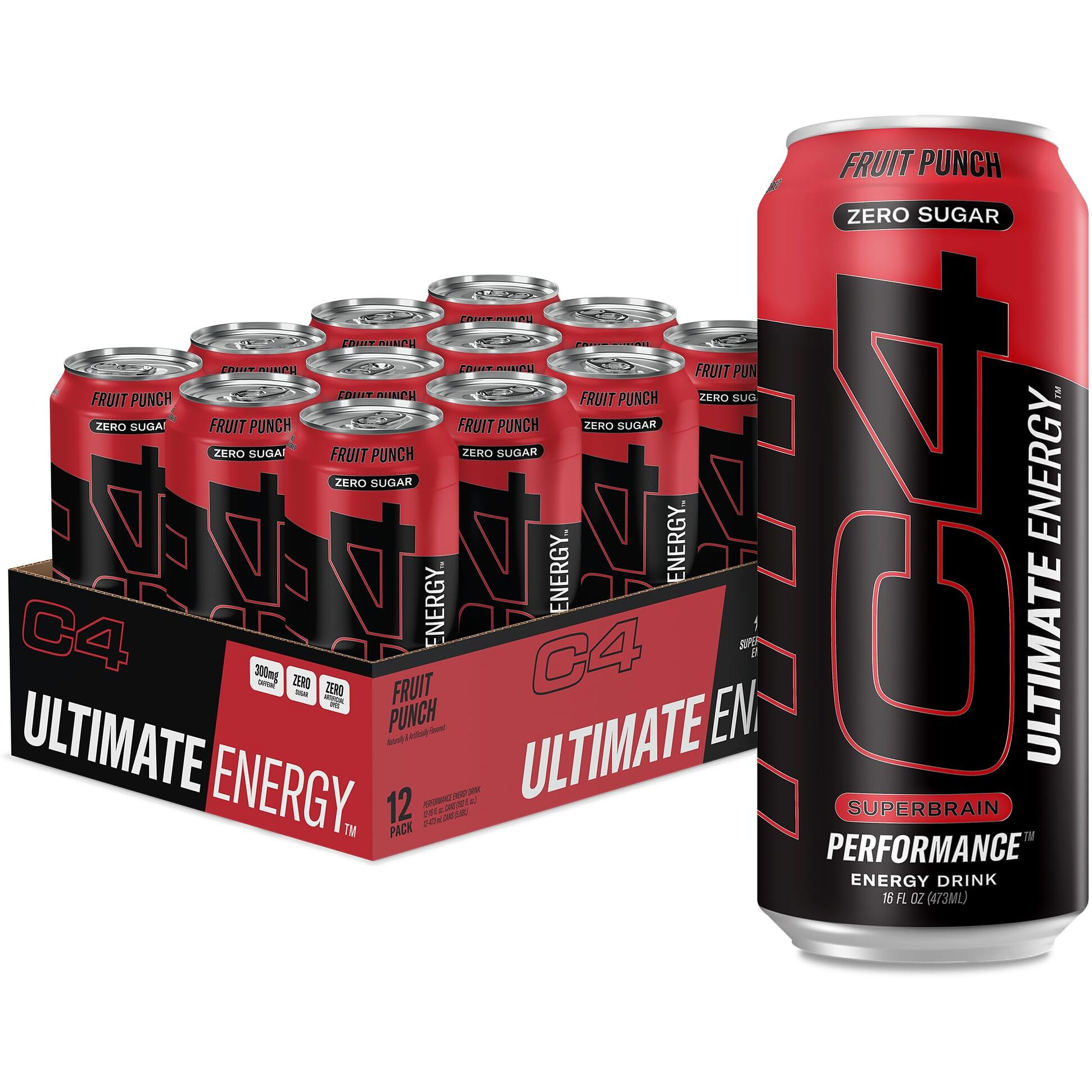 C4 Ultimate | 300Mg Caffeine Sugar Free Energy Drink | Fruit Punch | Pre Workout Performance Drink | 16Oz (Pack Of 12)