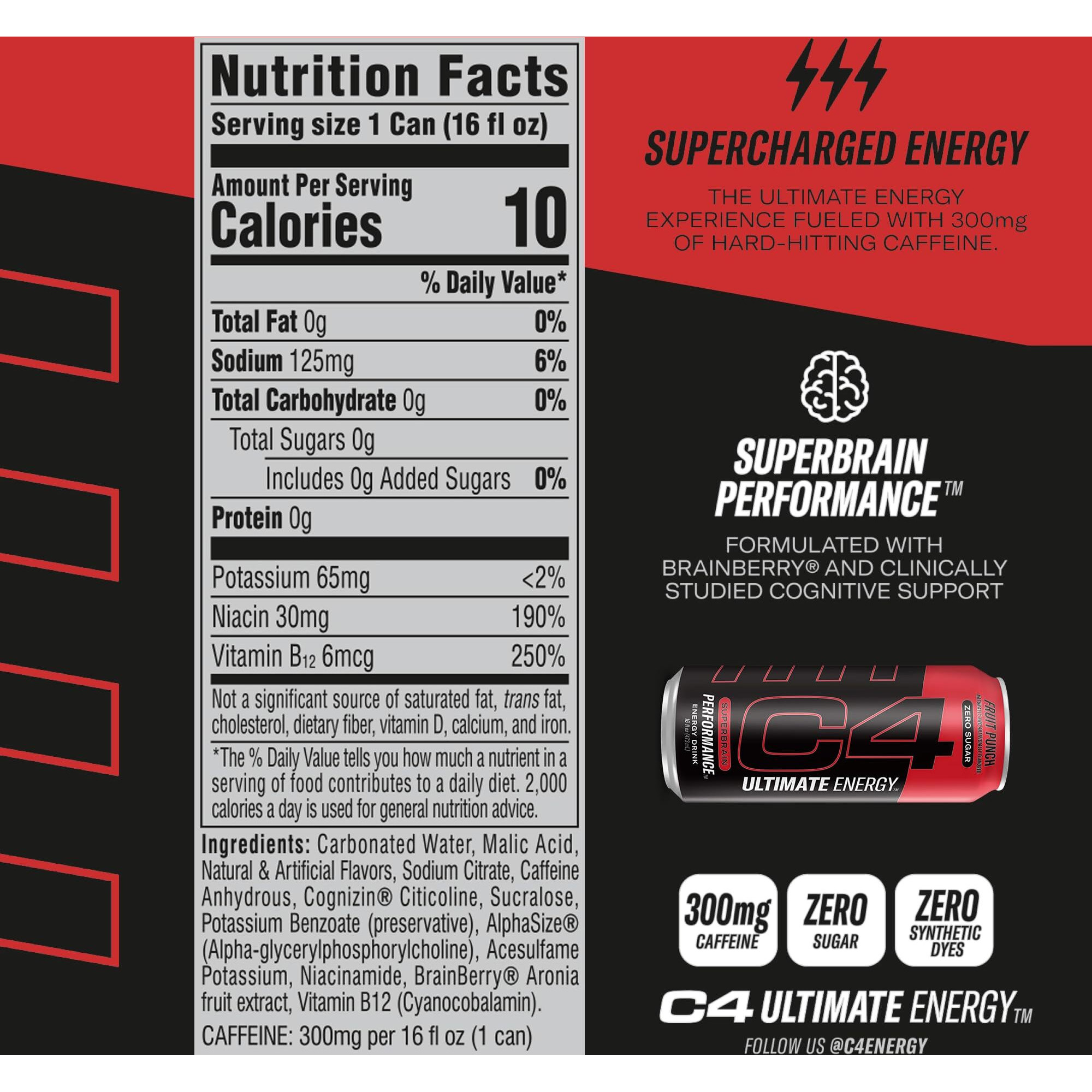 C4 Ultimate | 300Mg Caffeine Sugar Free Energy Drink | Fruit Punch | Pre Workout Performance Drink | 16Oz (Pack Of 12)