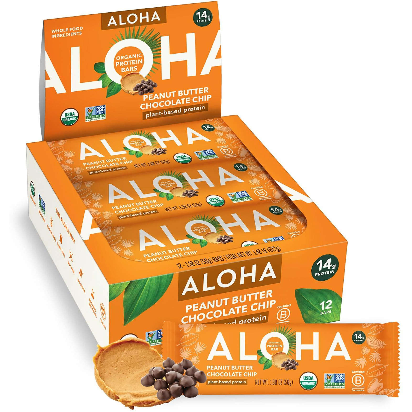 Aloha Organic Plant Based Protein Bars |Peanut Butter Chocolate Chip | 1.98 Oz (Pack Of 12) | Vegan, Low Sugar, Gluten Free, Paleo, Low Carb, Non-Gmo, Stevia Free, Soy Free, No Sugar Alcohols