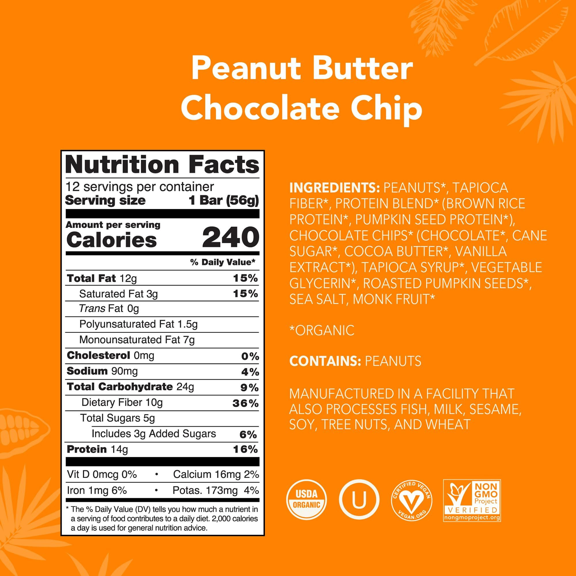 Aloha Organic Plant Based Protein Bars |Peanut Butter Chocolate Chip | 1.98 Oz (Pack Of 12) | Vegan, Low Sugar, Gluten Free, Paleo, Low Carb, Non-Gmo, Stevia Free, Soy Free, No Sugar Alcohols