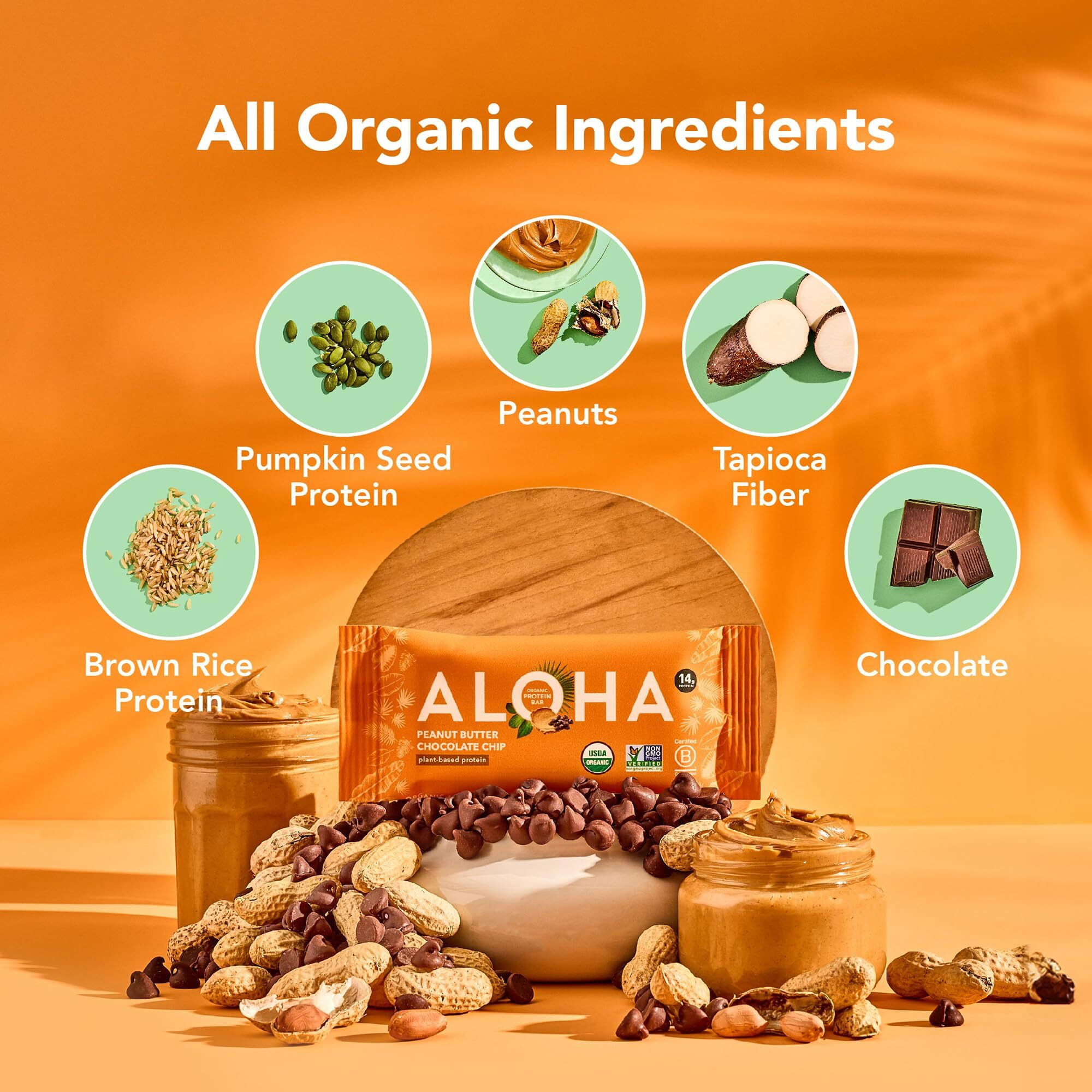 Aloha Organic Plant Based Protein Bars |Peanut Butter Chocolate Chip | 1.98 Oz (Pack Of 12) | Vegan, Low Sugar, Gluten Free, Paleo, Low Carb, Non-Gmo, Stevia Free, Soy Free, No Sugar Alcohols