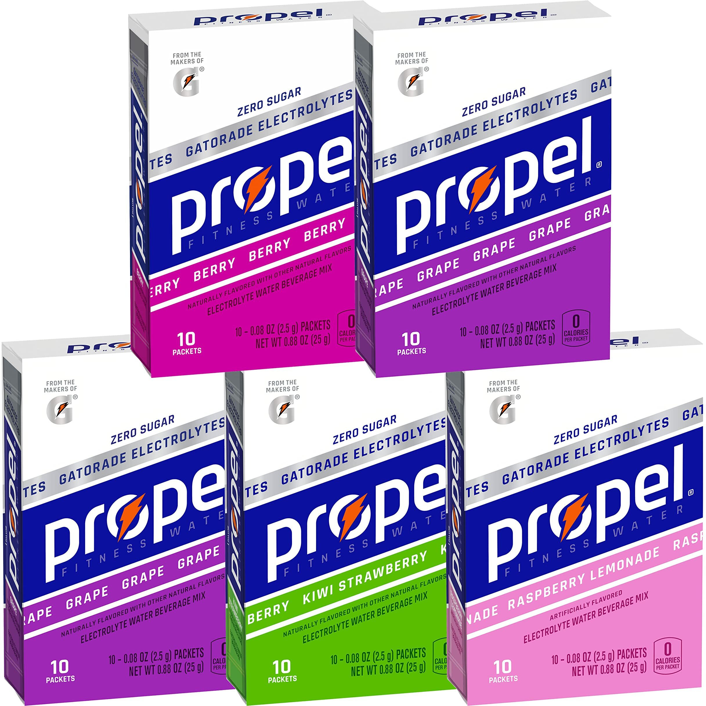 Propel Powder Packets 4 Flavor Variety Pack With Electrolytes, Vitamins And No Sugar 10 Count (Pack Of 5) (Packaging May Vary)