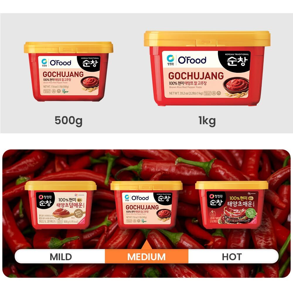 Chung Jung One O'Food Medium Gochujang 2.2Lb, Korean Red Chili Pepper Paste, Spicy, Sweet And Savory Sauce, Traditional Fermented Condiment, 100% Brown Rice, No Corn Syrup