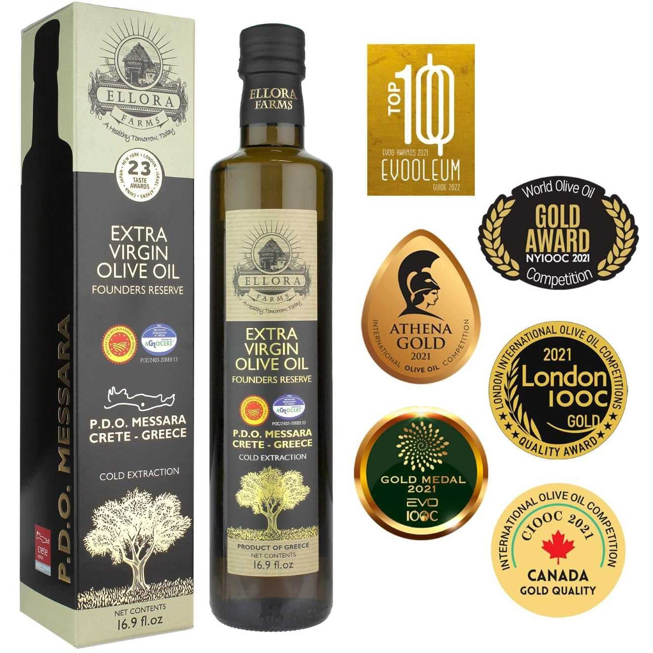 Ellora Farms, Greek Extra Virgin Olive Oil, Single Estate Pdo Messara, Greece, Non Gmo, Cold-Pressed, Polyphenol, Glass Bottle, 17 Fl Oz