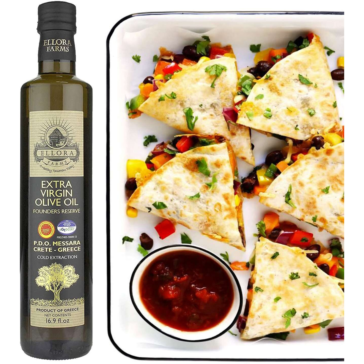 Ellora Farms, Greek Extra Virgin Olive Oil, Single Estate Pdo Messara, Greece, Non Gmo, Cold-Pressed, Polyphenol, Glass Bottle, 17 Fl Oz