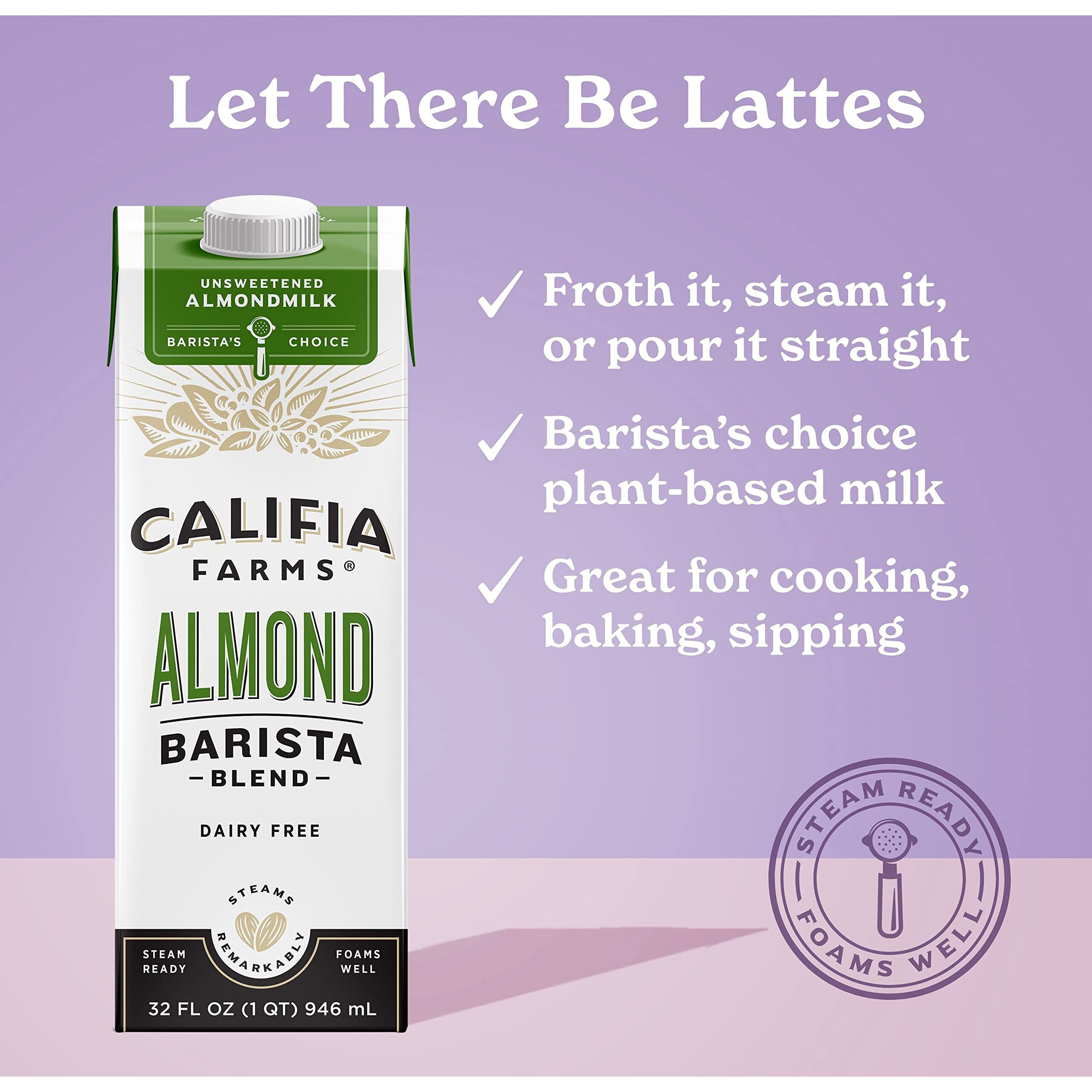 Califia Farms - Unsweetened Almond Barista Blend Almond Milk, 32 Oz (Pack Of 6), Shelf Stable, Dairy Free, Plant Based, Vegan, Gluten Free, Non Gmo, Sugar Free, Milk Frother, Creamer