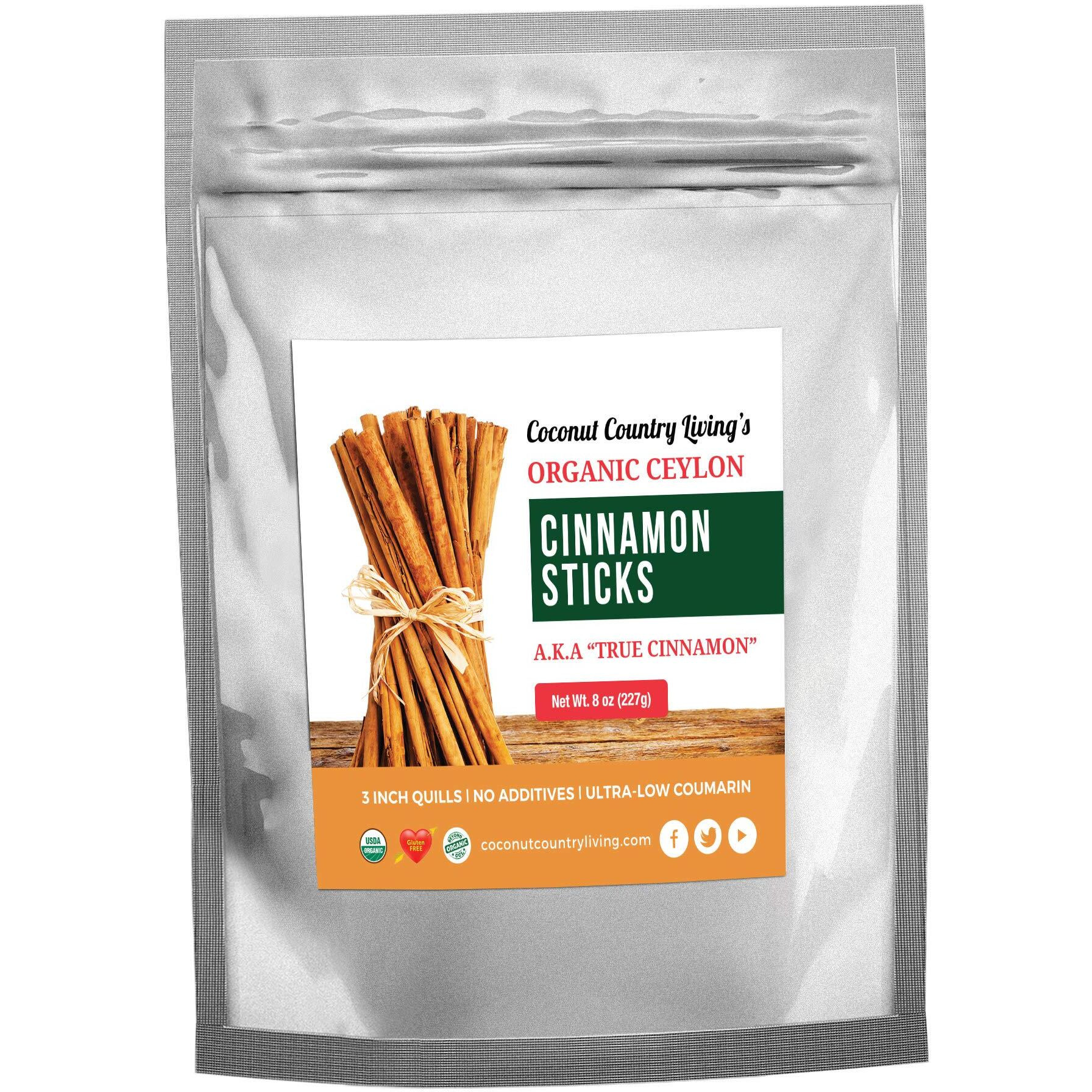 Coconut Country Living's Organic Ceylon Cinnamon Sticks - 8 Oz- Fair Trade Sourced Whole 3"" Quills Of Authentic, True Sweet Cinnamon For Tea And Baking Goods - Gluten-Free, Soy-Free , Peanut Free, Non-Gmo - Request Complimentary Ebook Of Tips