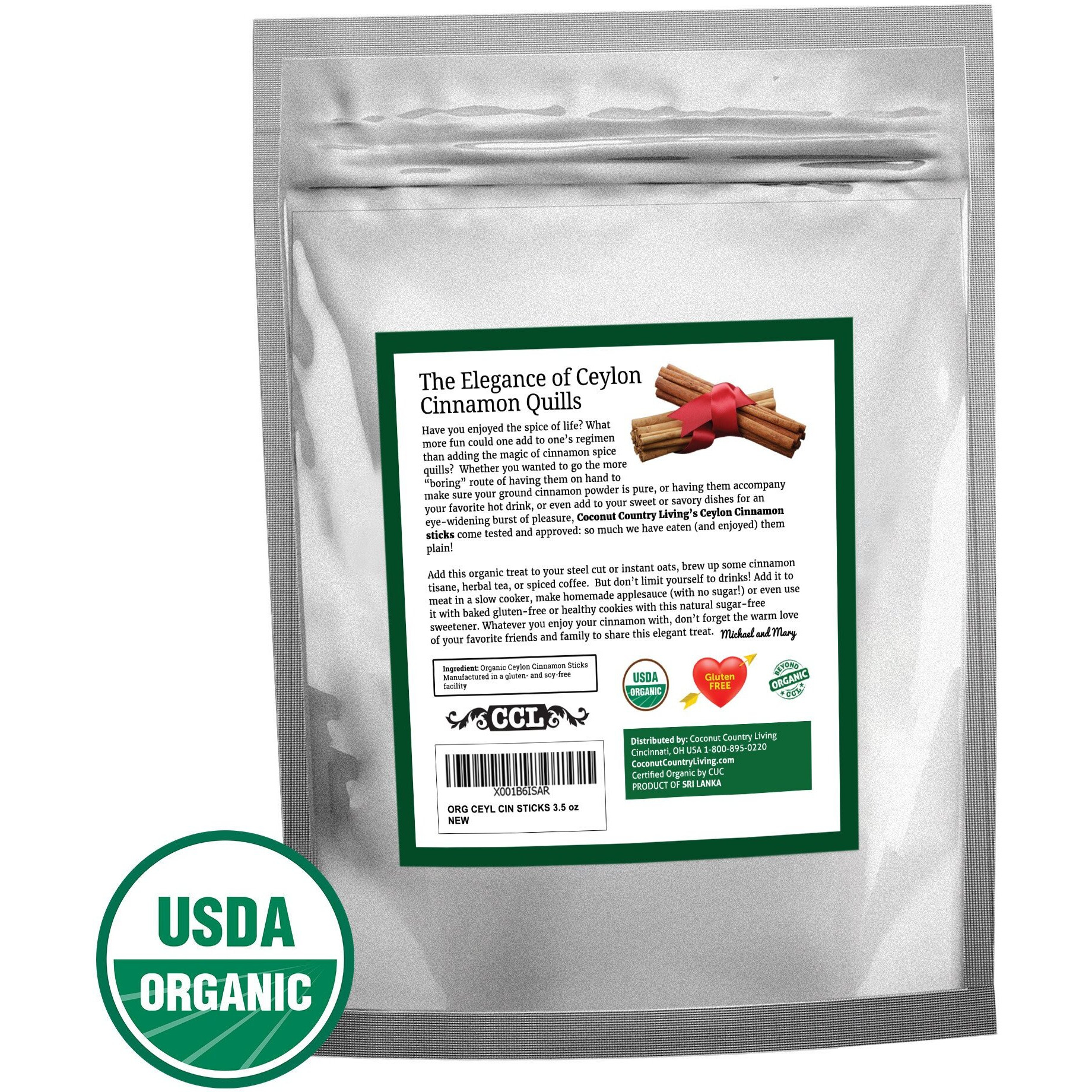 Coconut Country Living's Organic Ceylon Cinnamon Sticks - 8 Oz- Fair Trade Sourced Whole 3"" Quills Of Authentic, True Sweet Cinnamon For Tea And Baking Goods - Gluten-Free, Soy-Free , Peanut Free, Non-Gmo - Request Complimentary Ebook Of Tips