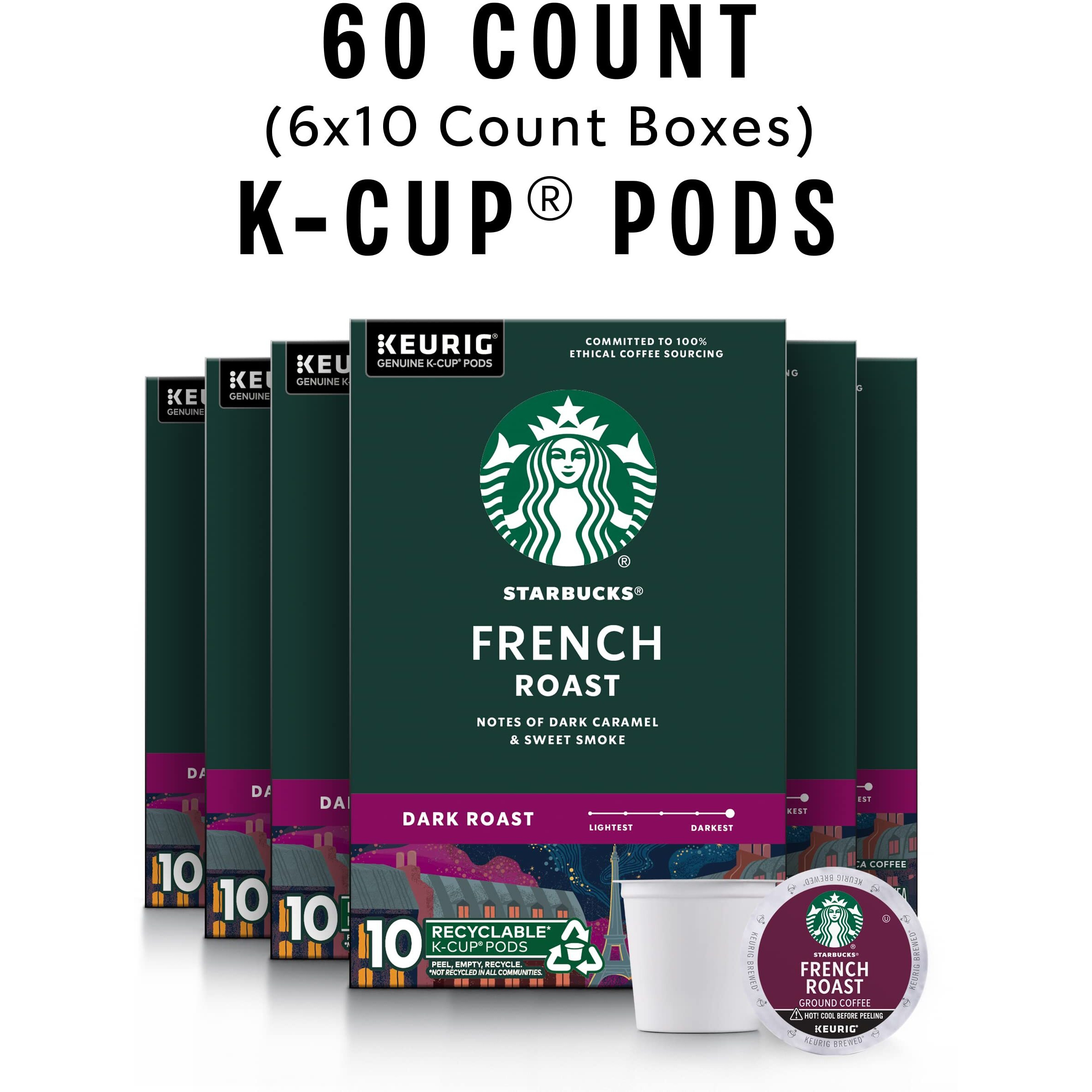 Starbucks K-Cup Coffee Pods, Dark Roast Coffee, French Roast For Keurig Brewers, 100% Arabica, 6 Boxes (60 Pods Total)