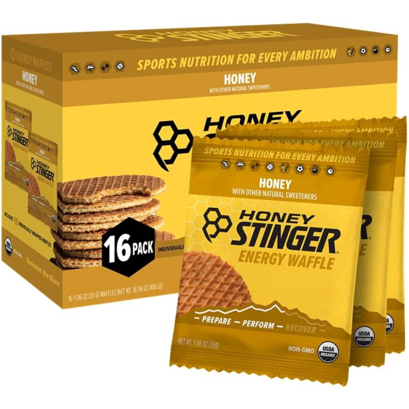 Honey Stinger Organic Honey Waffle | Energy Stroopwafel For Exercise, Endurance And Performance | Sports Nutrition For Home & Gym, Pre & During Workout | Box Of 16 Waffles, 16.96 Ounce (Pack Of 16)