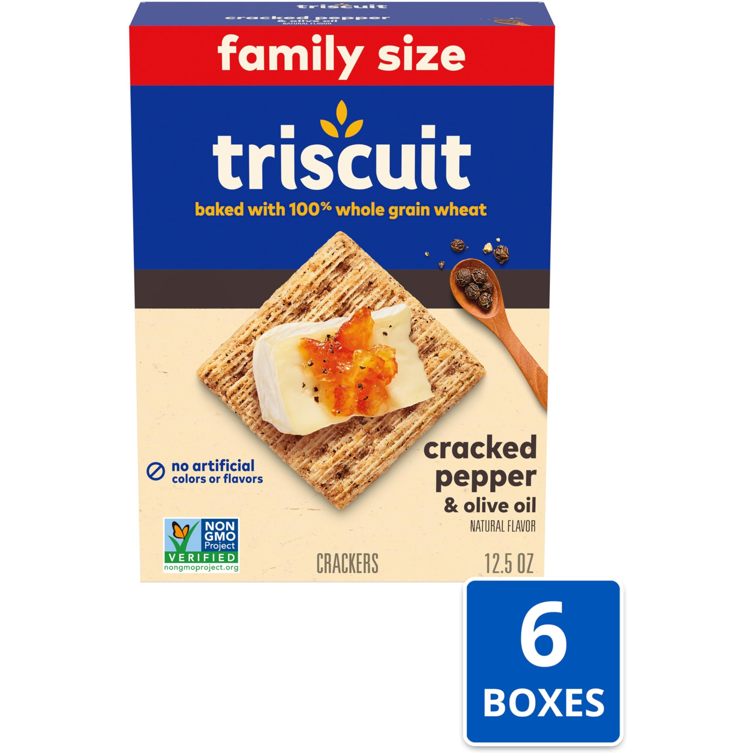 Triscuit Cracked Pepper & Olive Oil Whole Grain Wheat Crackers, Family Size, 6 - 12.5 Oz Boxes