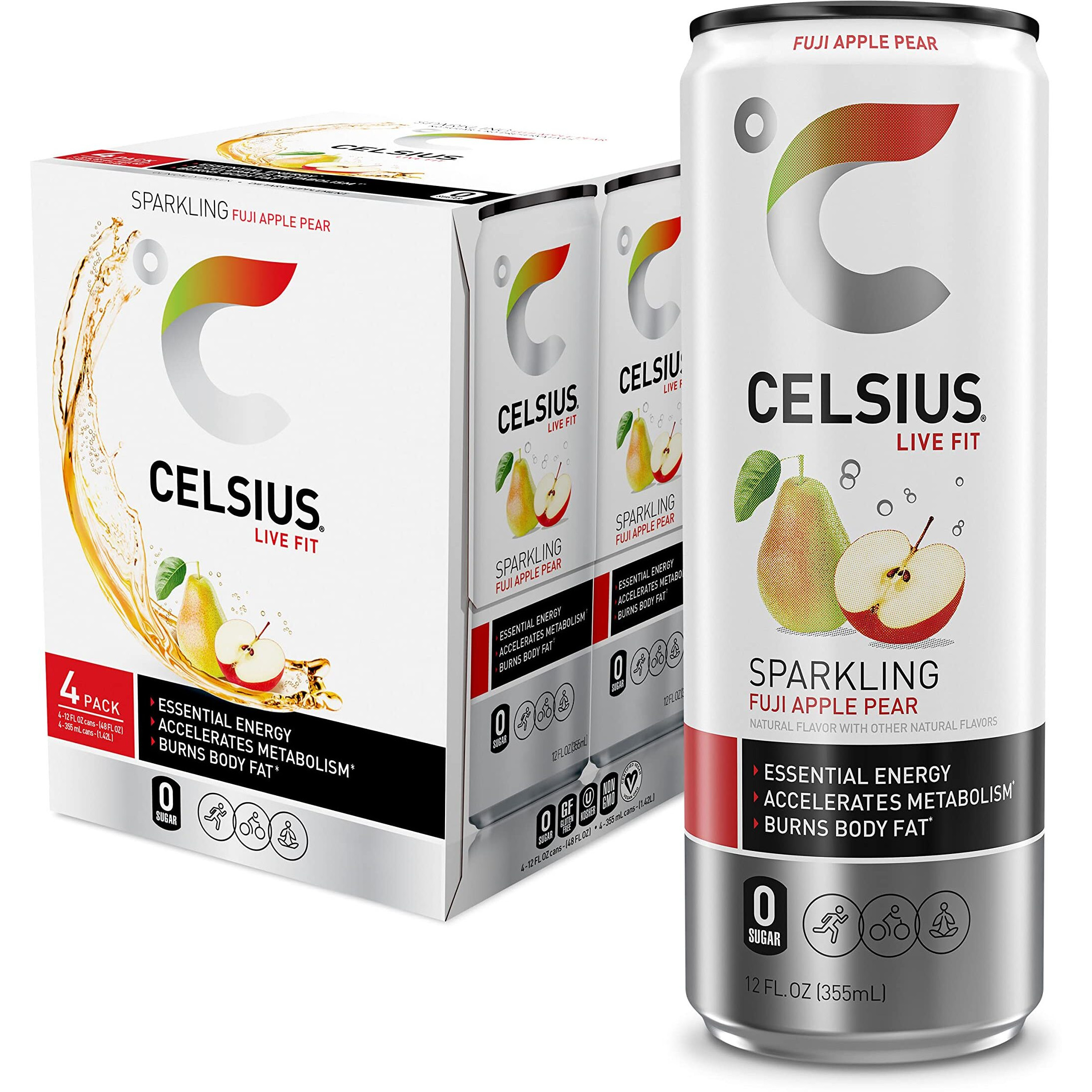 Celsius Sparkling Fuji Apple Pear, Functional Essential Energy Drink 12 Fl Oz (Pack Of 24)