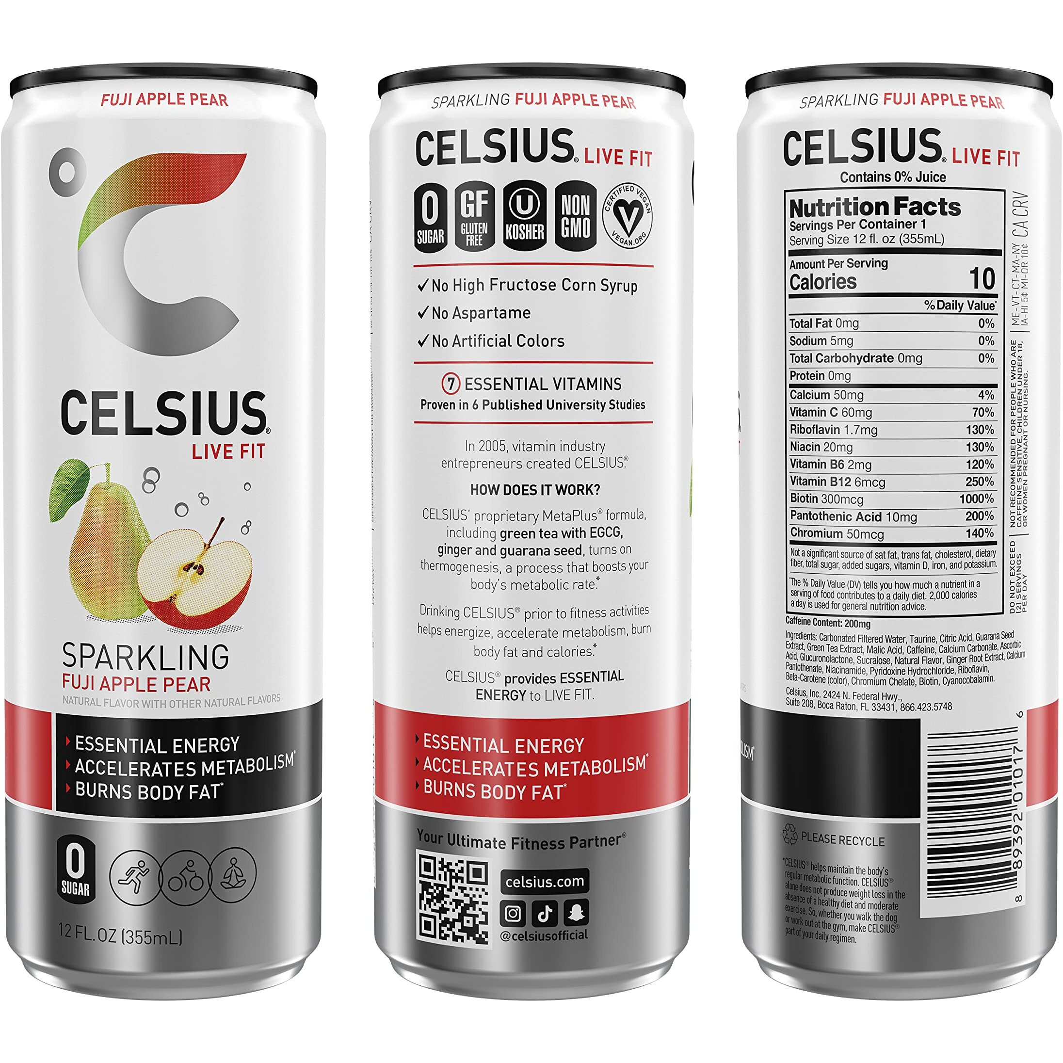 Celsius Sparkling Fuji Apple Pear, Functional Essential Energy Drink 12 Fl Oz (Pack Of 24)