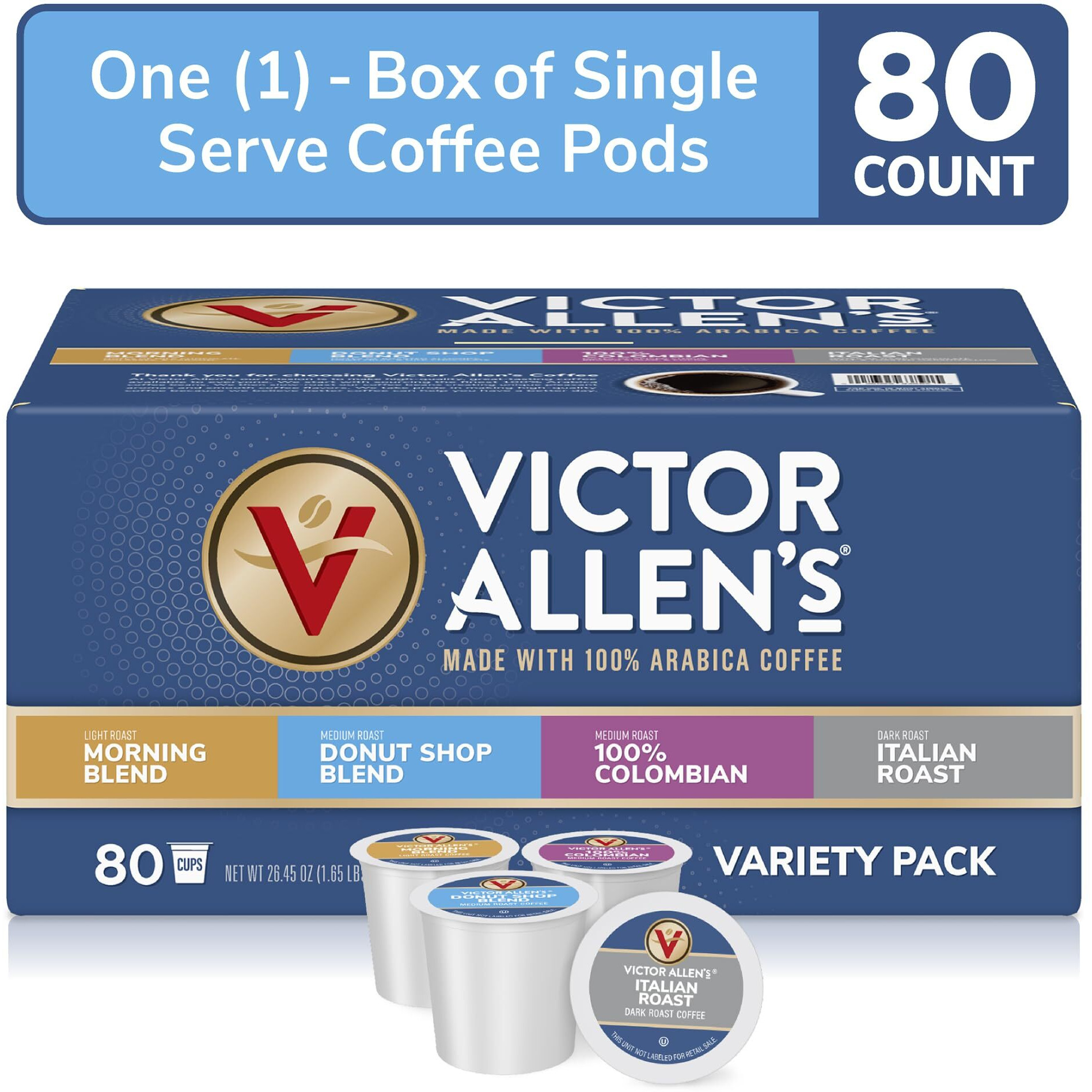 Victor Allen's Coffee Variety Pack (Morning Blend, 100% Colombian, Donut Shop Blend, And Italian Roast), 80 Count, Single Serve Coffee Pods For Keurig K-Cup Brewers