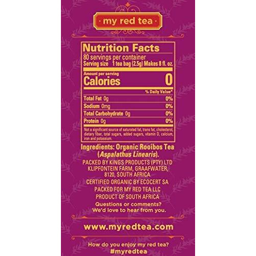 Rooibos Tea, Usda Certified Organic Tea, My Red Tea. Tagless South African, 100% Pure, Single Origin, Natural, Farmer Friendly, Gmo And Caffeine Free (80)