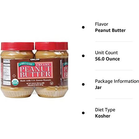 Kirkland Organic Creamy Peanut Butter U.S. Valencia Peanuts 28 Ounce Each Jar 2 Pack