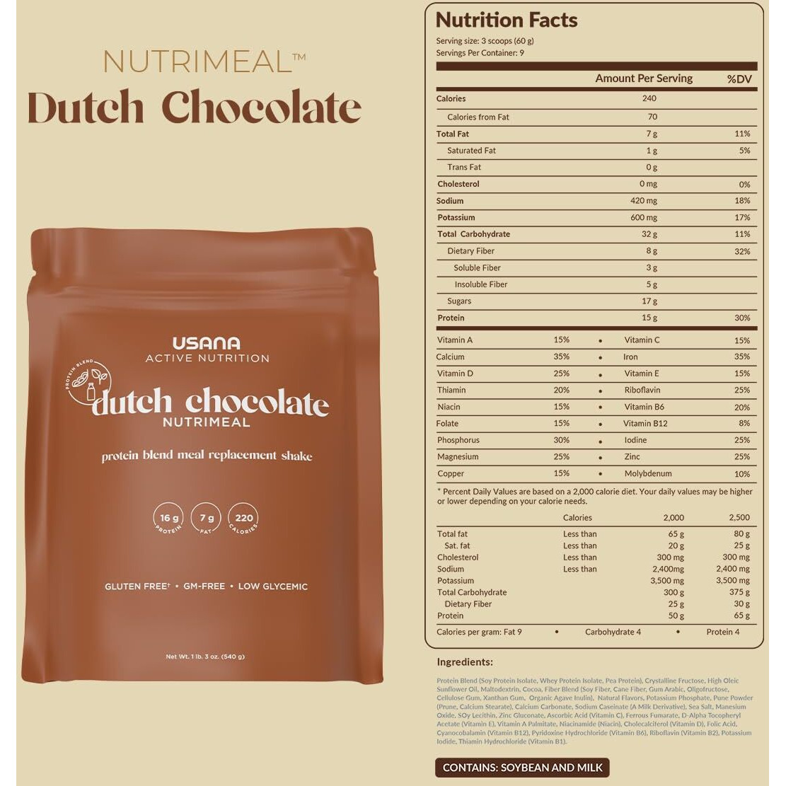 Usana Nutrimeal Meal Replacement Shake - Dutch Chocolate - Non-Gmo - Gluten Free - Low Glycemic - 540 Grams - 9 Servings