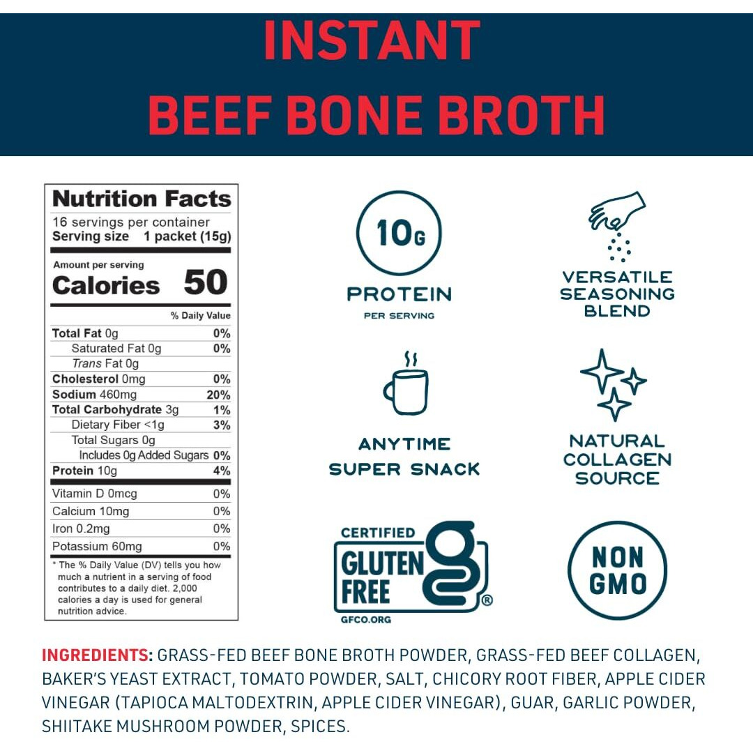 Bare Bones Bone Broth Instant Powdered Beverage Mix, Beef, Pack Of 16, 15G Sticks, 10G Protein, Keto & Paleo Friendly
