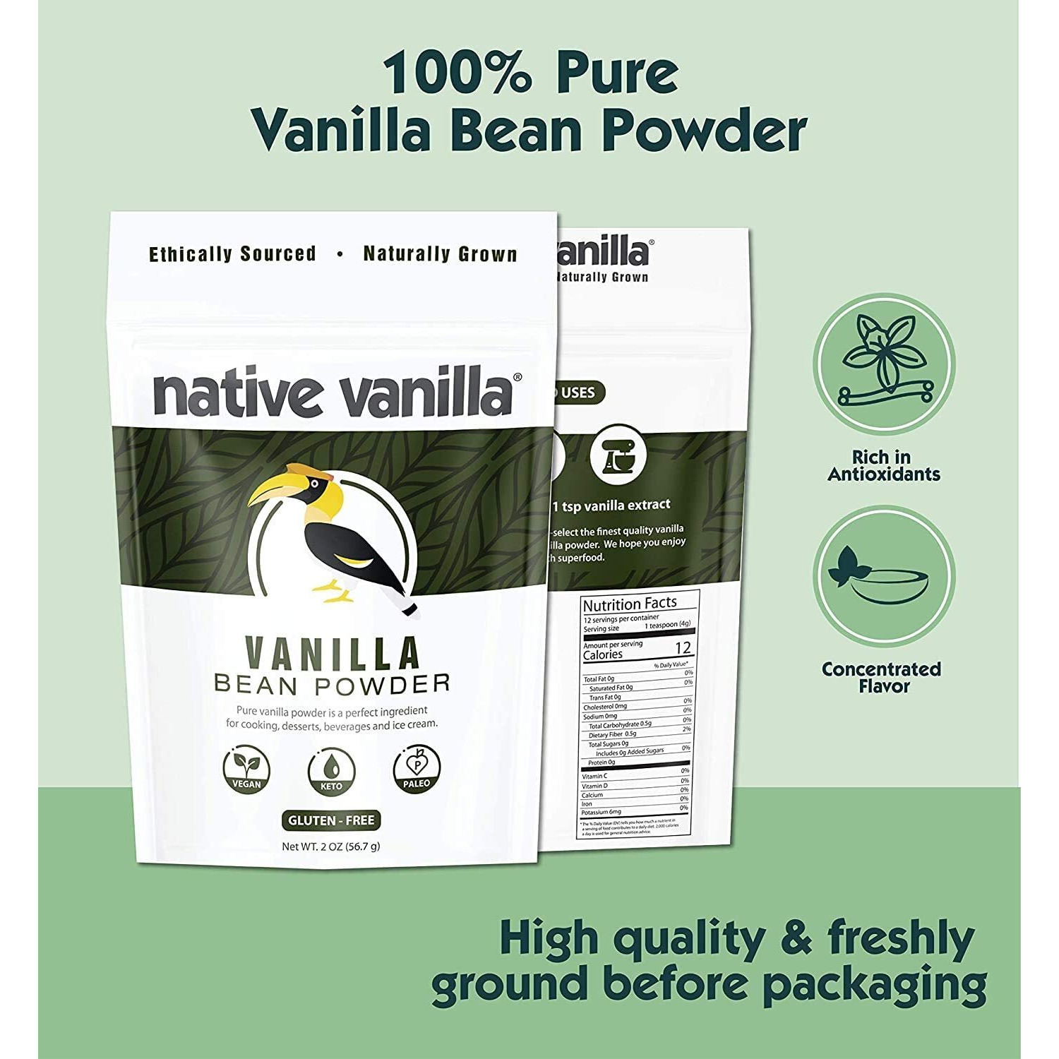 Native Vanilla Powder - Premium Gourmet 100% Pure Ground Vanilla Bean Powder - For Chefs And Homemade Baking, Ice Cream, Coffee (2 Ounce (Pack Of 1))