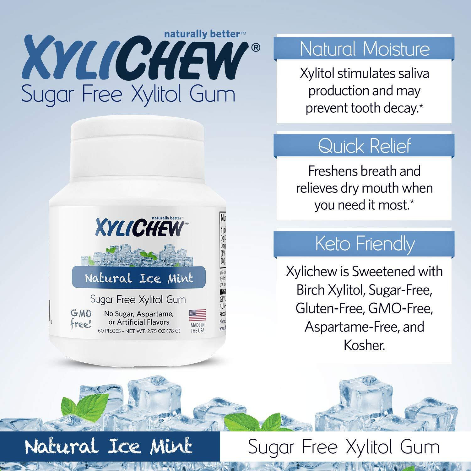 Xylichew 100% Xylitol Chewing Gum - Non Gmo, Non Aspartame, Gluten Free, And Sugar Free Gum - Natural Oral Care, Relieves Bad Breath And Dry Mouth - Ice Mint, 60 Count
