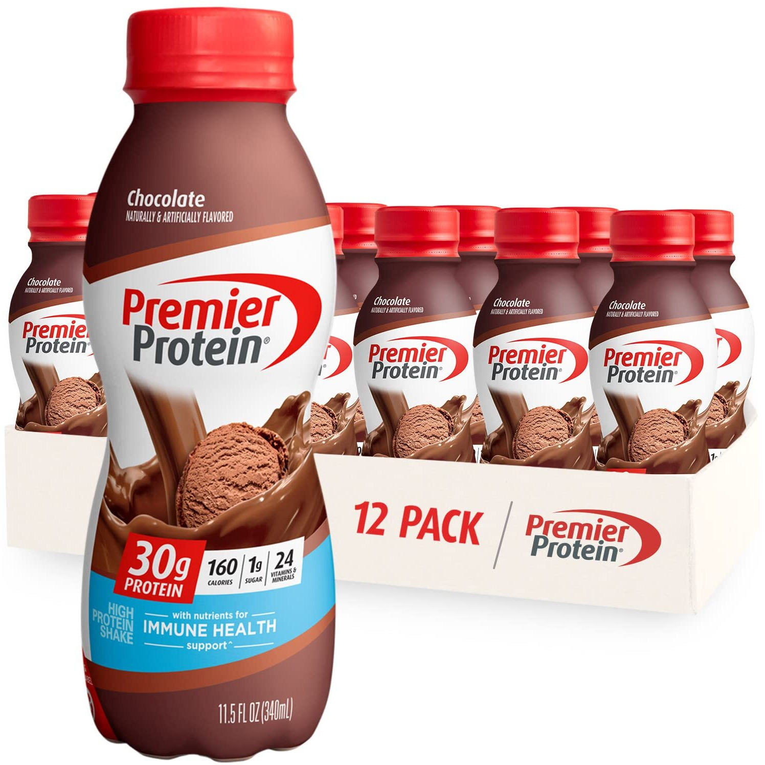 Premier Protein Shake, Chocolate, 30G Protein 1G Sugar 24 Vitamins Minerals Nutrients To Support Immune Health, 11.5 Fl Oz (Pack Of 12)