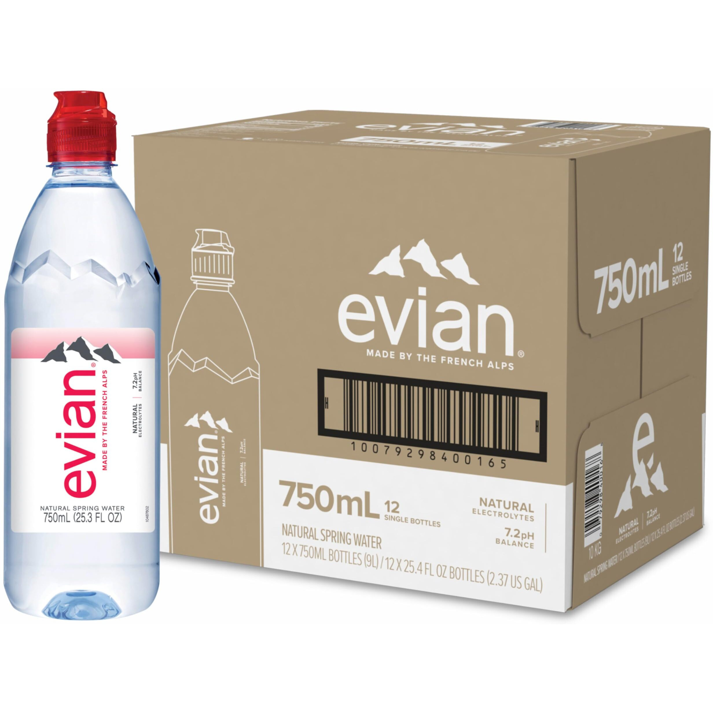 Evian Natural Spring Water, Ph Balanced With Natural Electrolytes, Sports Cap Bottle, 25.7Fl Oz./750Ml Bottles (Pack Of 12)