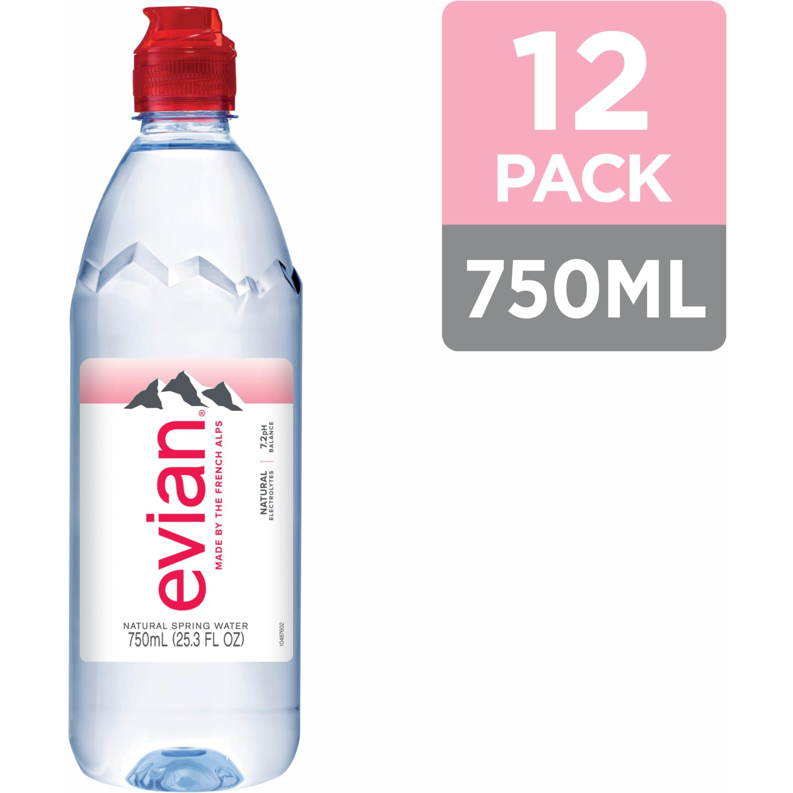 Evian Natural Spring Water, Ph Balanced With Natural Electrolytes, Sports Cap Bottle, 25.7Fl Oz./750Ml Bottles (Pack Of 12)