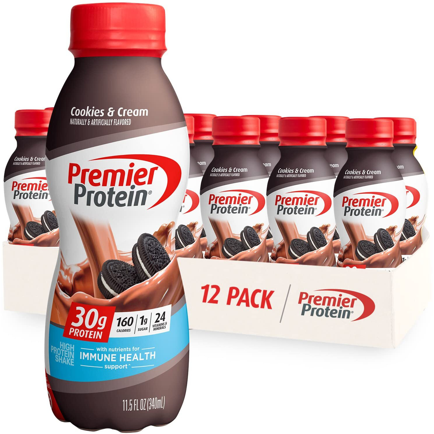 Premier Protein Shake, Cookies & Cream, 30G Protein, 1G Sugar, 24 Vitamins & Minerals, Nutrients To Support Immune Health 11.5 Fl Oz (12 Pack)