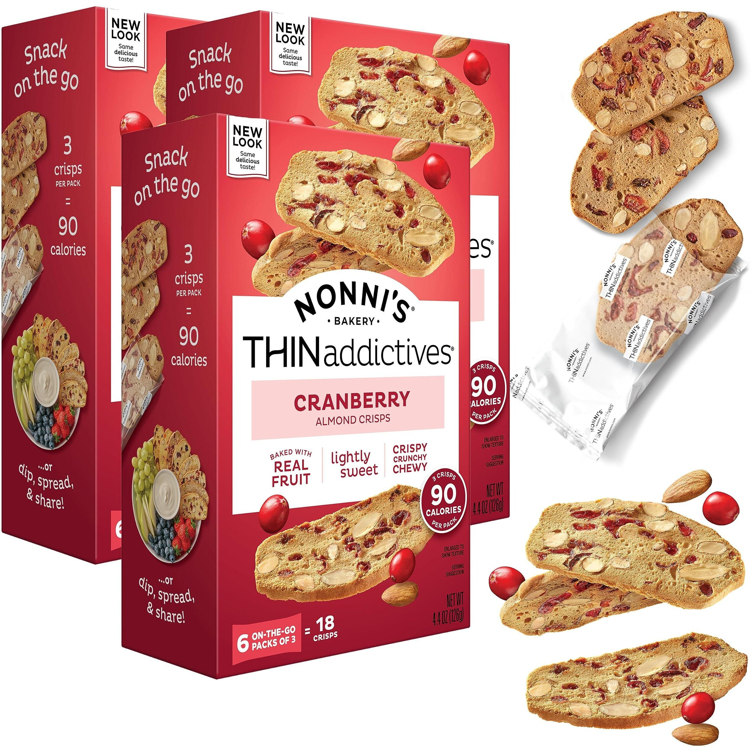 Nonni's Thinaddictives Almond Thin Cookies - 3 Boxes Cranberry Almond Biscotti Cookie Thins - Sweet Crunchy & Chewy - Kosher Cookie 4.4 Ounces