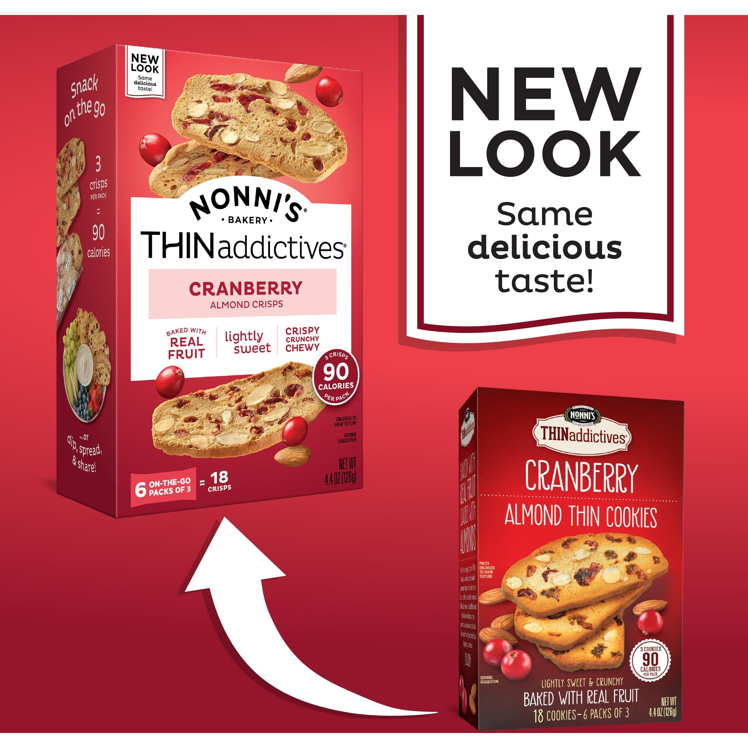 Nonni's Thinaddictives Almond Thin Cookies - 3 Boxes Cranberry Almond Biscotti Cookie Thins - Sweet Crunchy & Chewy - Kosher Cookie 4.4 Ounces