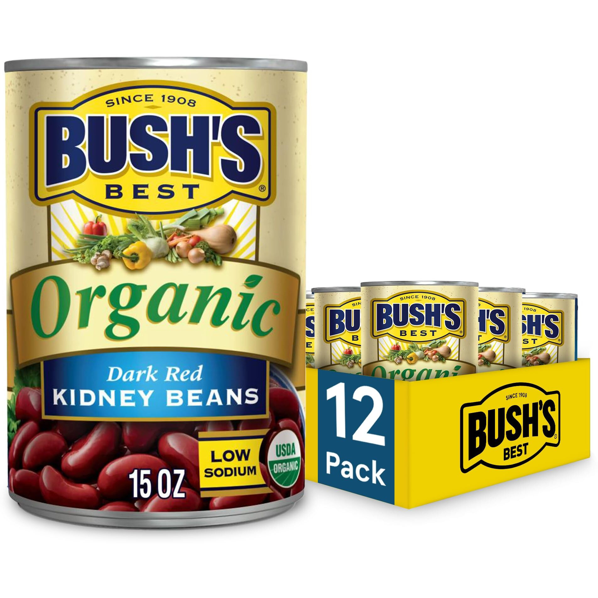 Bush's Best 15 Oz Canned Organic Dark Red Kidney Beans, Source Of Plant Based Protein And Fiber, Low Fat, Gluten Free, (Pack Of 12)