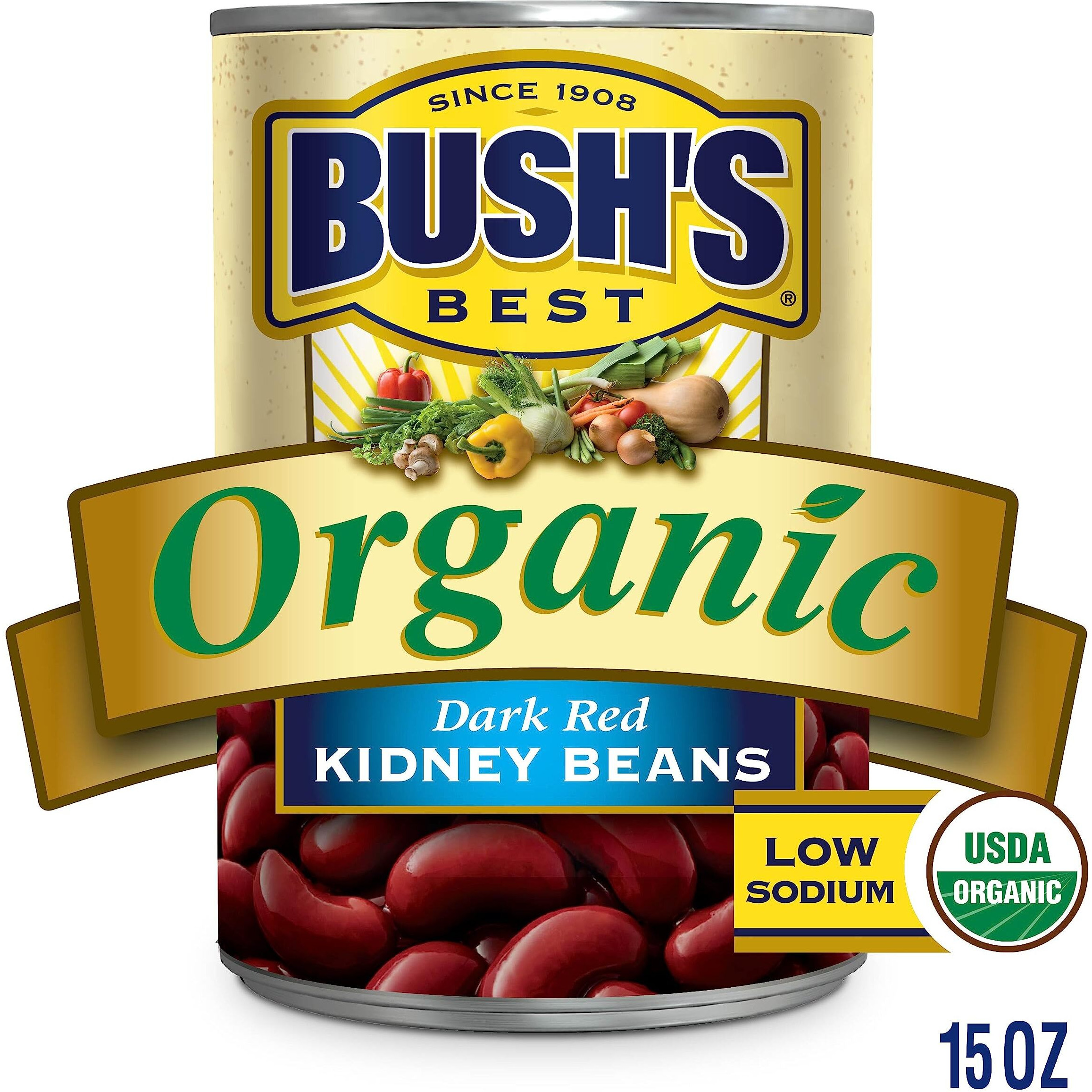 Bush's Best 15 Oz Canned Organic Dark Red Kidney Beans, Source Of Plant Based Protein And Fiber, Low Fat, Gluten Free, (Pack Of 12)