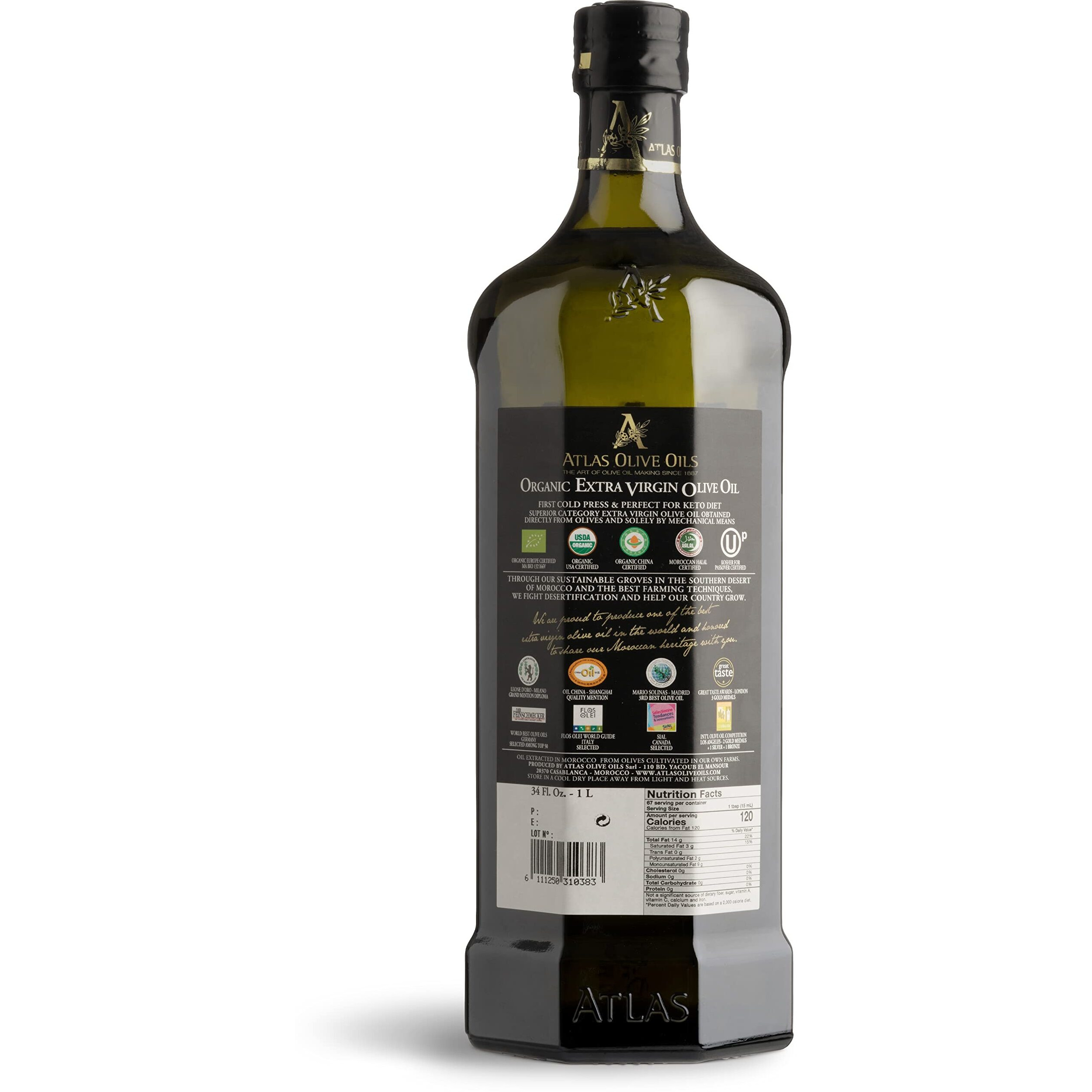Atlas 1 Lt Cold Press Extra Virgin Olive Oil With Polyphenol Rich From Morocco | Newly Harvested Unprocessed From One Single Family Farm | Moroccan Organic Evoo Trusted By Michelin Star Chefs