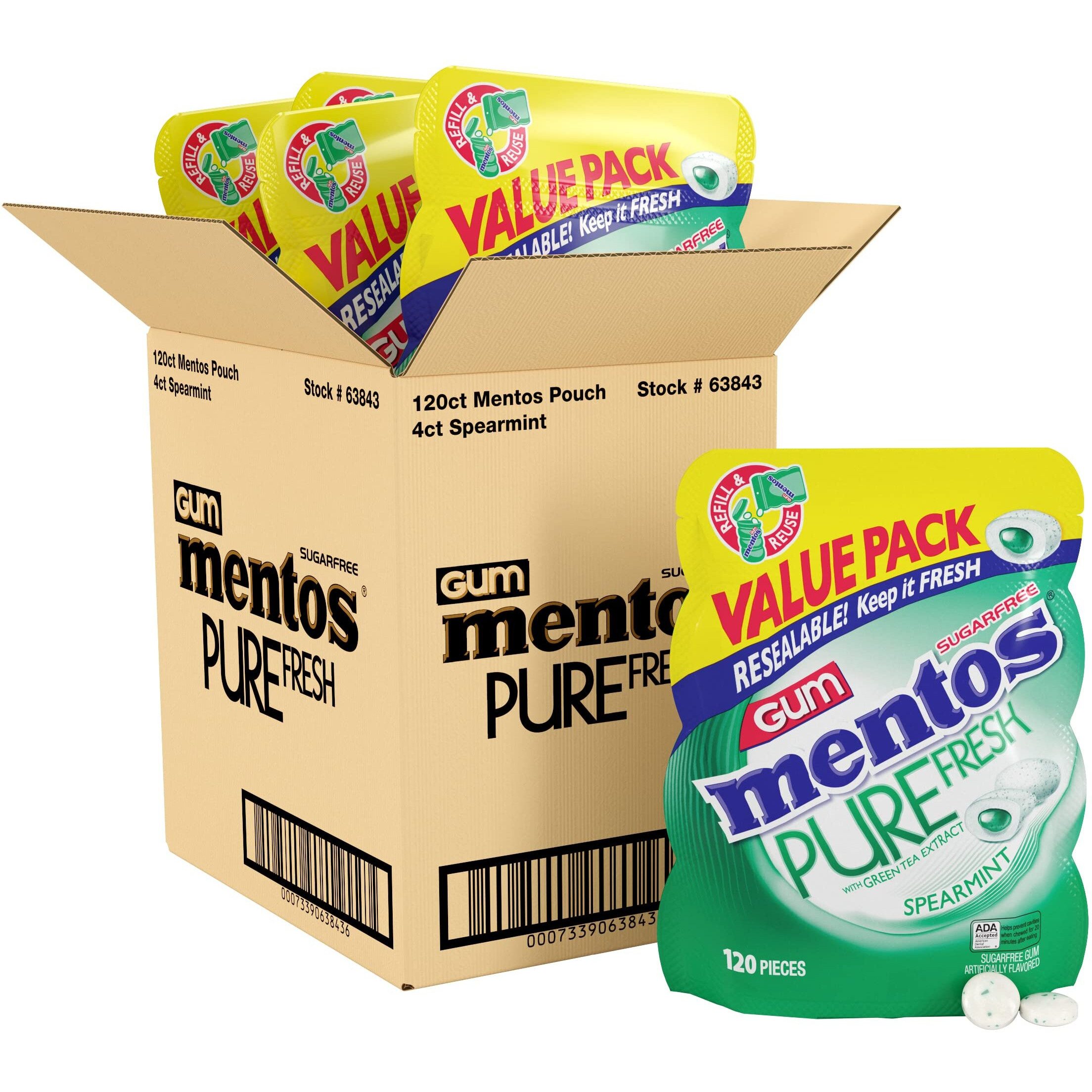 Mentos Pure Fresh Sugar-Free Chewing Gum With Xylitol, Spearmint, 120 Piece Resealable Bag (Bulk Pack Of 4)