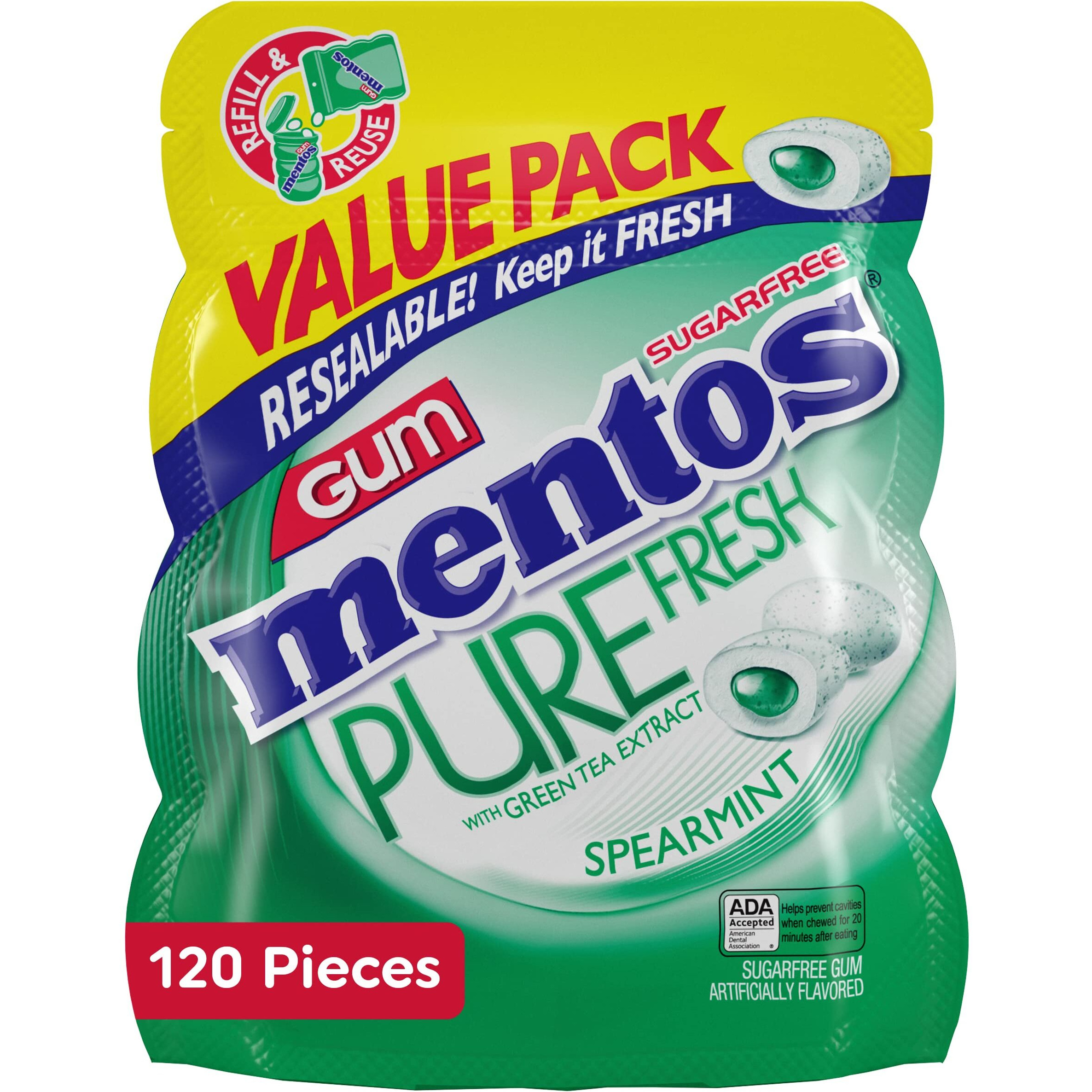 Mentos Pure Fresh Sugar-Free Chewing Gum With Xylitol, Spearmint, 120 Piece Resealable Bag (Bulk Pack Of 4)