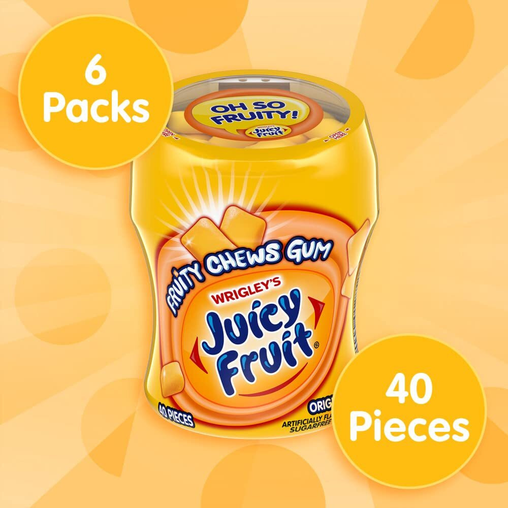 Juicy Fruit Gum Sugar Free Chewing Gum, Fruity Chews Original, 40 Piece Bottle (6 Pack)