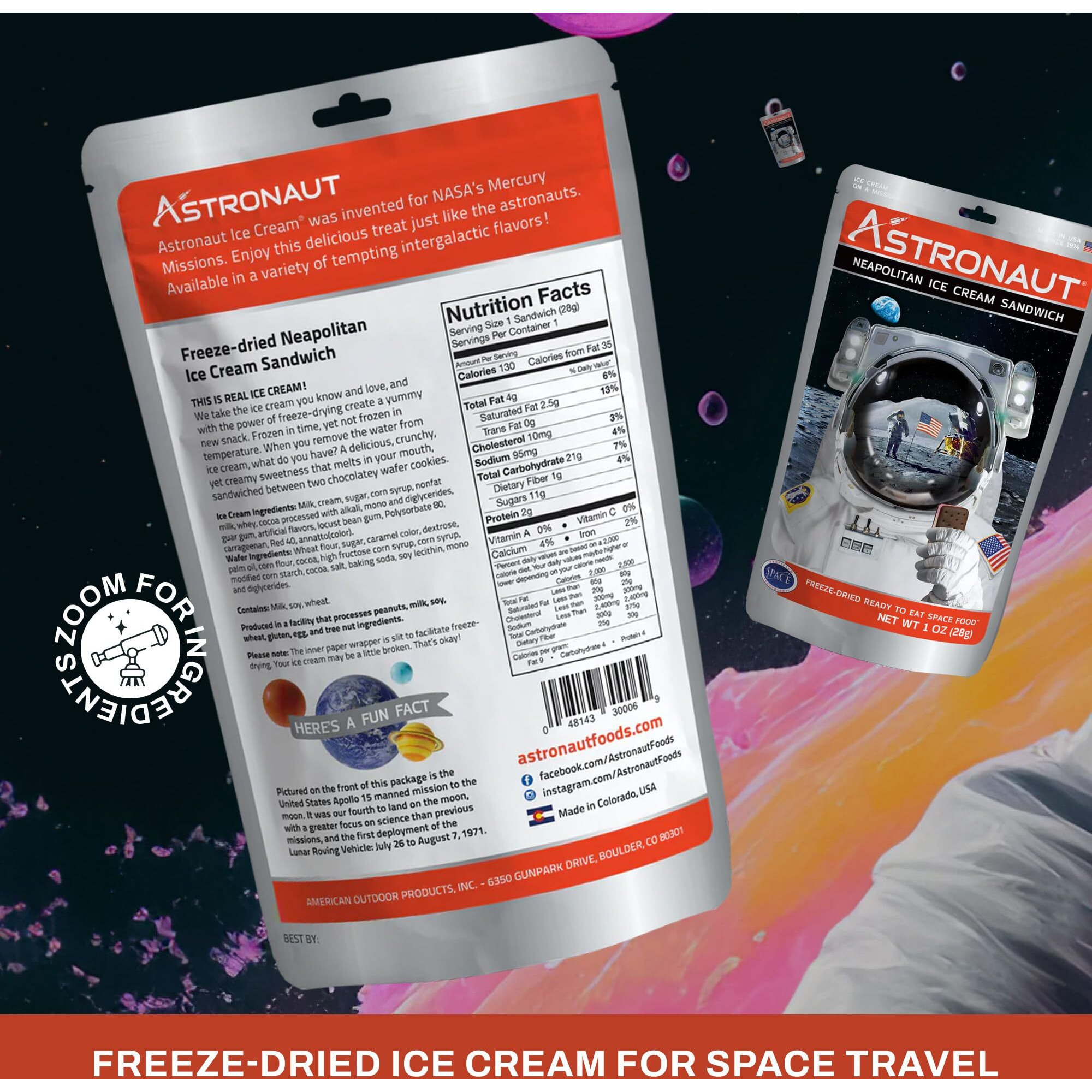 Astronaut Foods Freeze-Dried Ice Cream Sandwich, Nasa Space Dessert, Neapolitan, 6 Count