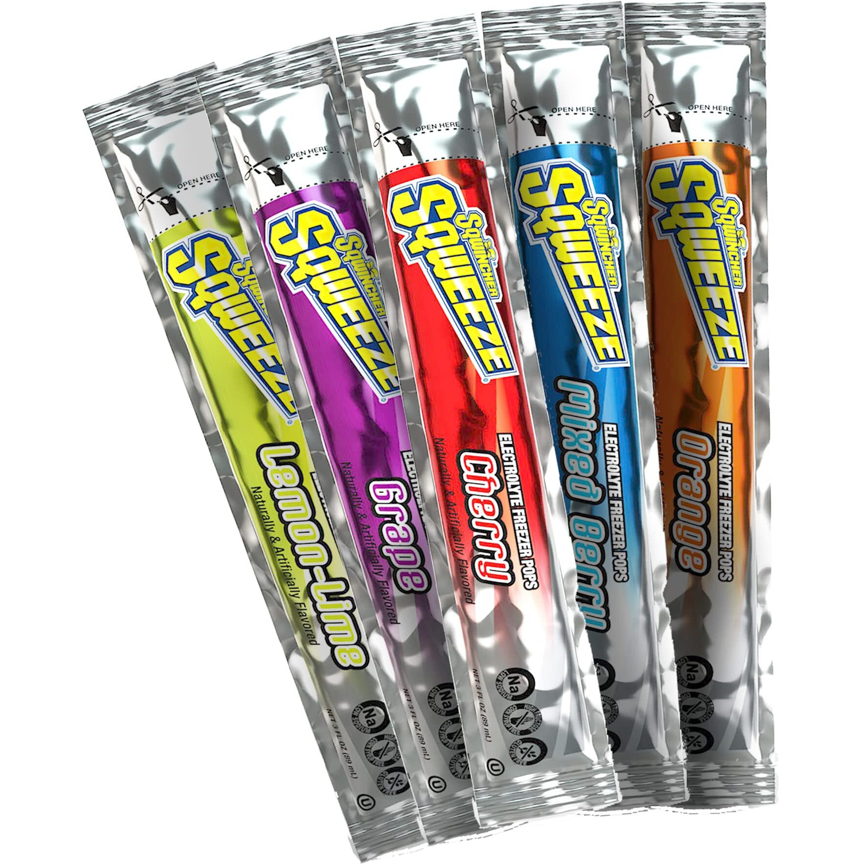 Sqwincher Sqweeze Low Sodium Electrolyte Freezer Pops, 5 Flavor Variety Pack - Lemon Lime, Grape, Cherry, Mixed Berry, Orange, (50 Total Freezer Pops)