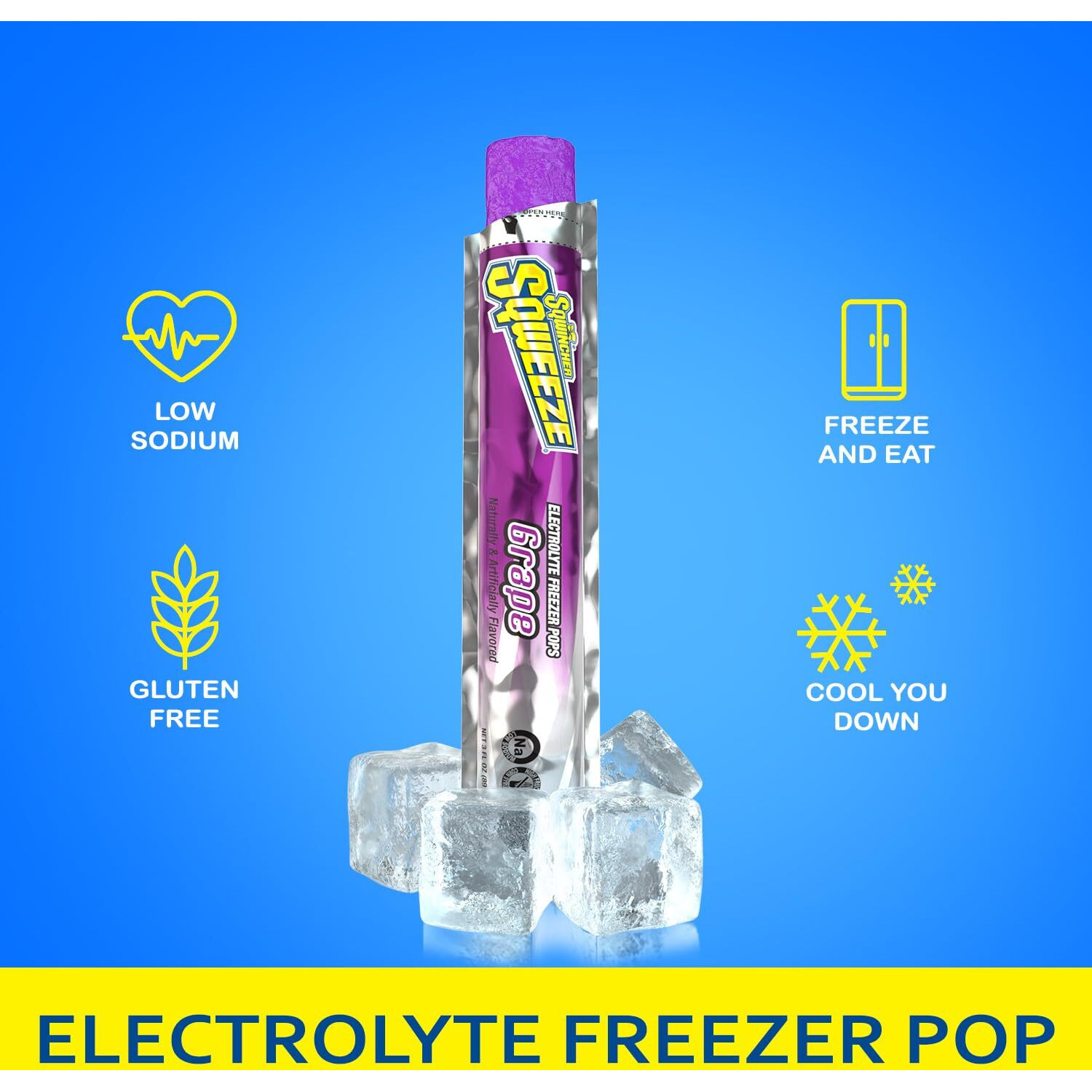 Sqwincher Sqweeze Low Sodium Electrolyte Freezer Pops, 5 Flavor Variety Pack - Lemon Lime, Grape, Cherry, Mixed Berry, Orange, (50 Total Freezer Pops)