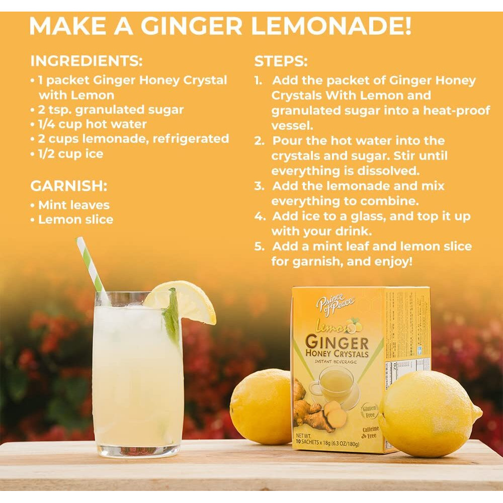 Prince Of Peace Instant Lemon Ginger Honey Crystals, 2 Pack Of 30 Sachets - Instant Hot Or Cold Beverage - Easy To Brew Ginger And Honey Crystals