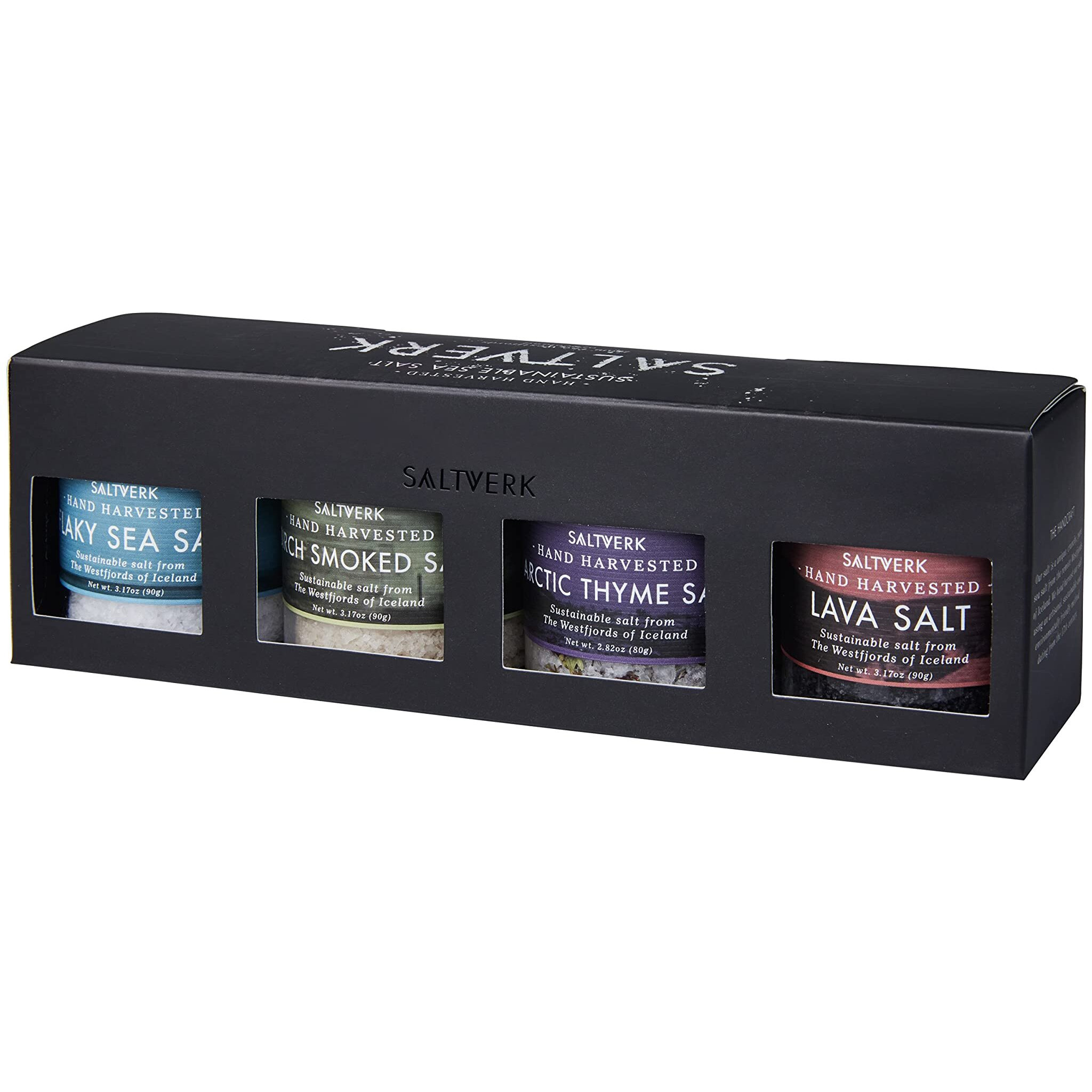 Saltverk Gift Box W/Arctic Thyme Salt + Birch Smoked Salt +Lava Salt + Pure Salt, [3,17 Oz X 4] | Icelandic Flavoured Salts | All Natural | Sustainable | Gluten Free | Unrefined | Keto | Eco
