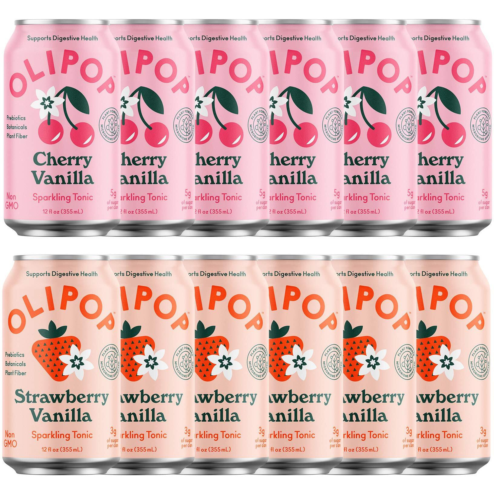 Olipop - Pink Pops, Strawberry Vanilla & Cherry Vanilla, Healthy Soda Variety Pack, Prebiotic Soft Drink, Supports Digestive Health, 9G Of Plant Fiber, Low Calorie, Low Sugar (12 Oz, 12-Pack)