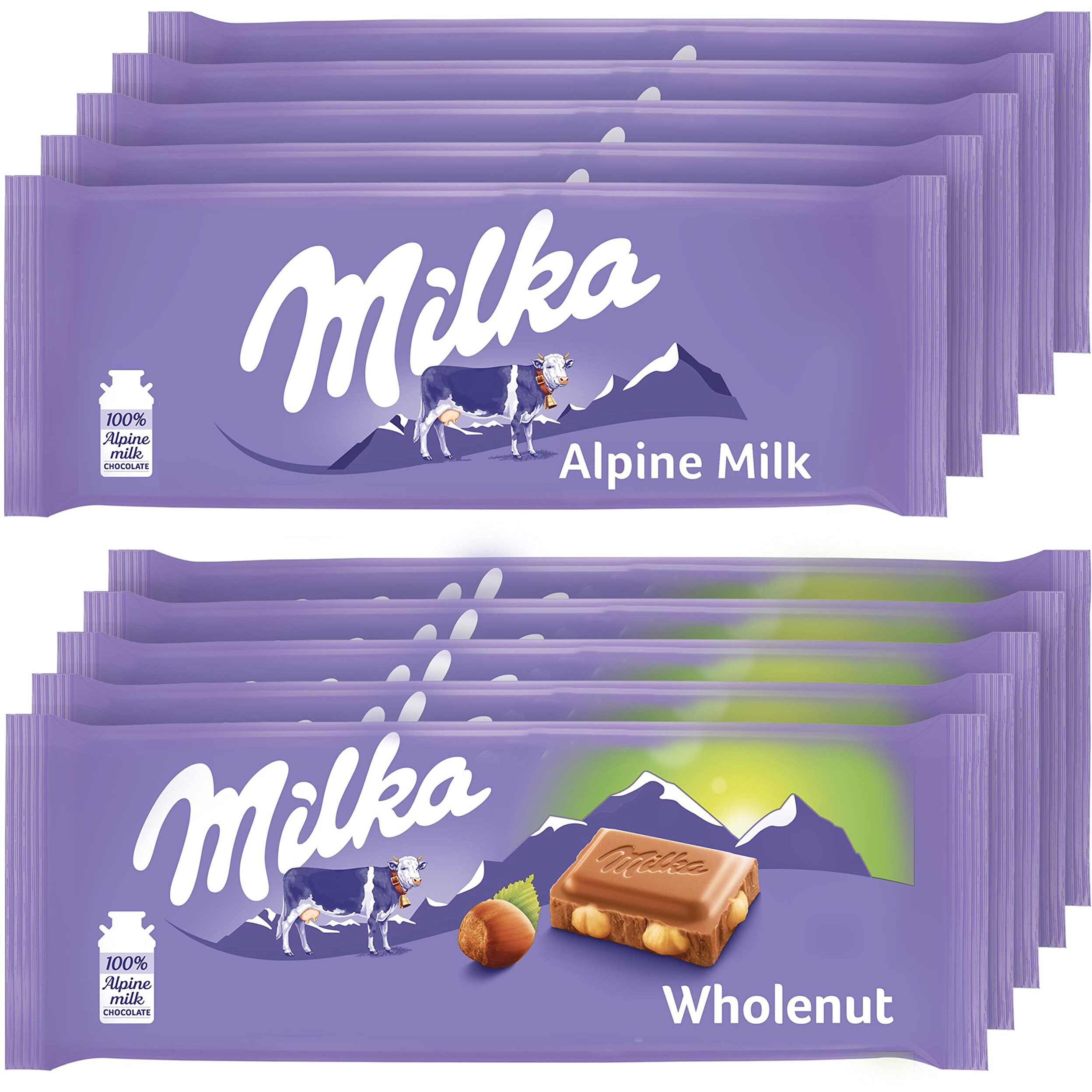 Milka European Chocolate Bars Variety Pack, Alpine Milk Chocolate & Wholenut Hazelnut Chocolate, 10 - 3.52 Oz Bars