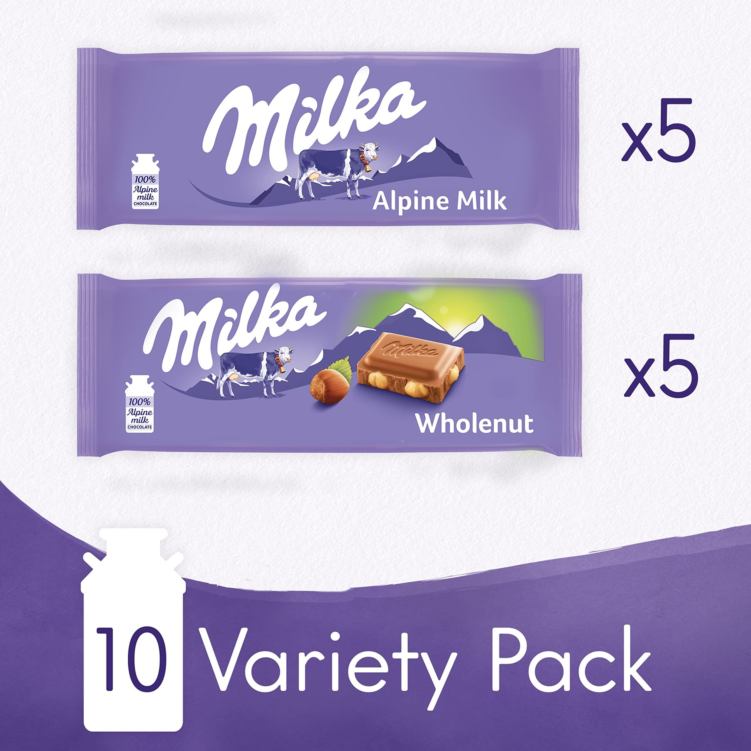 Milka European Chocolate Bars Variety Pack, Alpine Milk Chocolate & Wholenut Hazelnut Chocolate, 10 - 3.52 Oz Bars