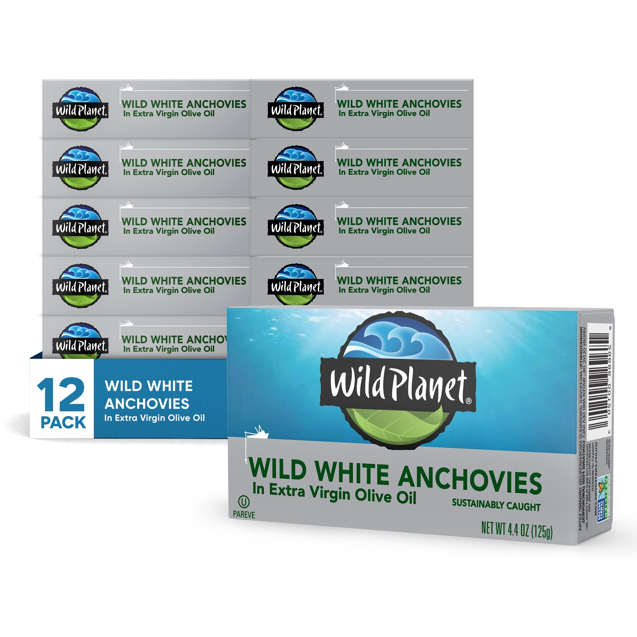 Wild Planet Wild White Anchovies In Extra Virgin Olive Oil, Tinned Fish, 4.4 Ounce, Pack Of 12