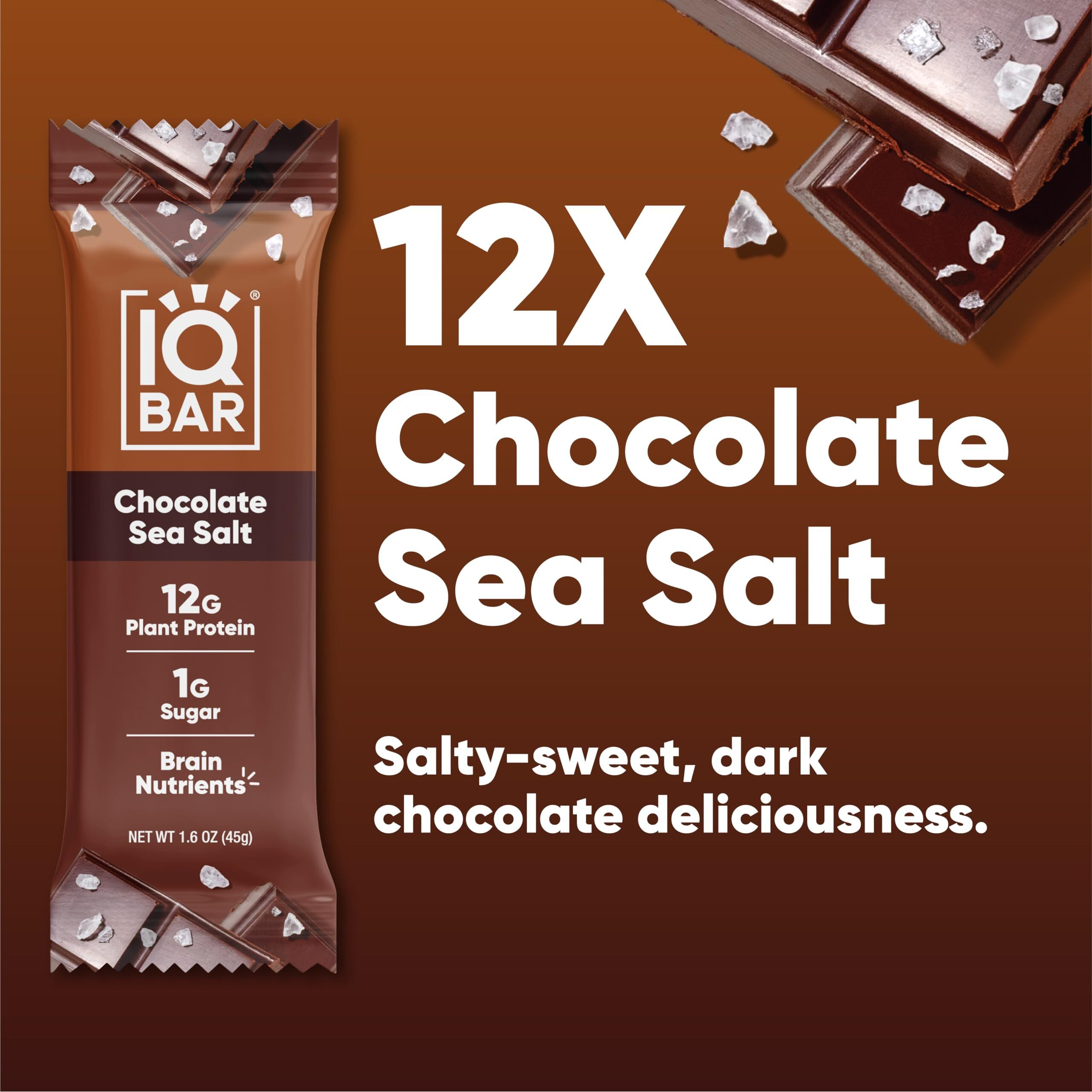 Iqbar Brain And Body Plant Protein Bars - Chocolate Sea Salt - 12 Count, Low Carb, High Fiber, Gluten Free, Vegan Snacks - Low Sugar Keto Energy Bar